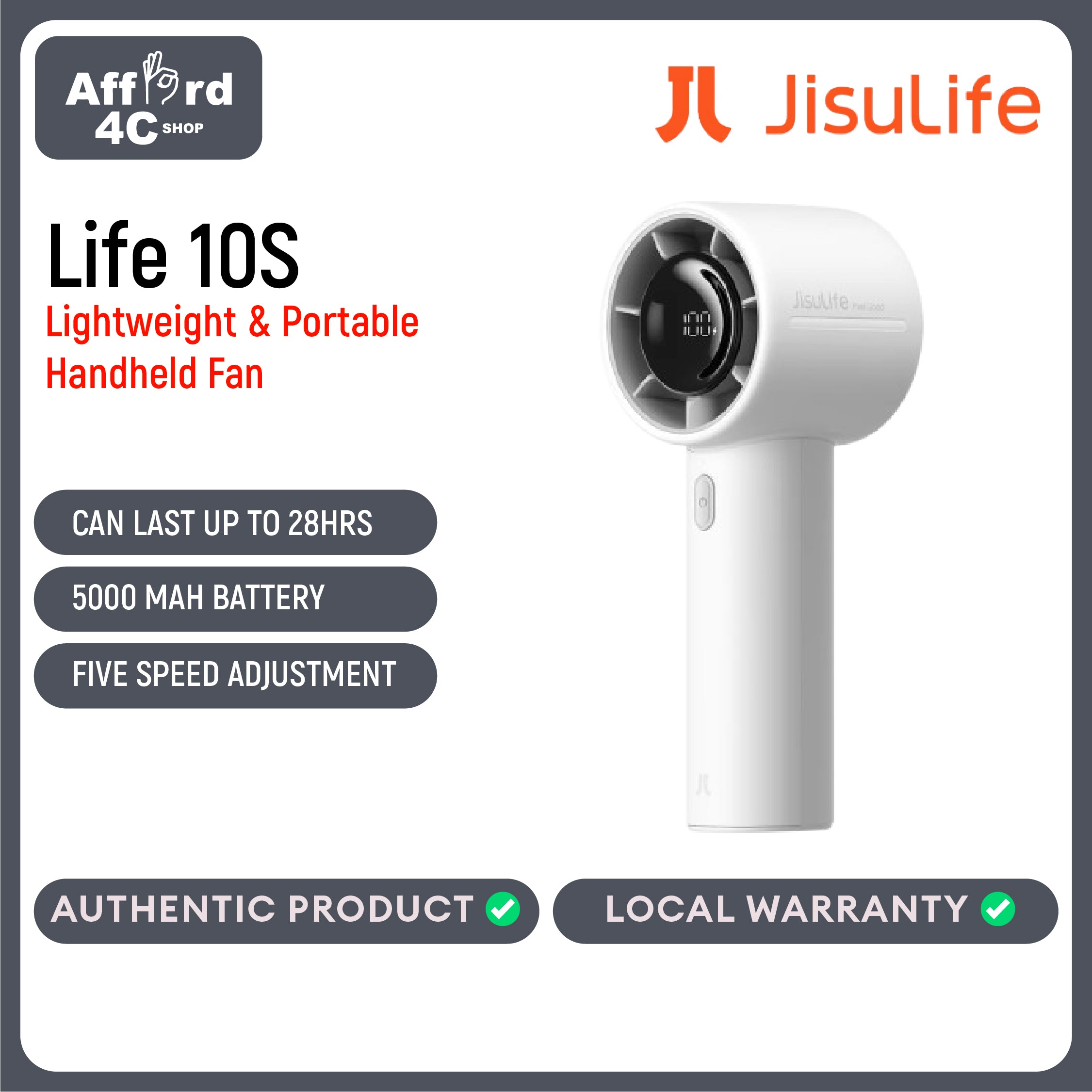 Jisulife Handheld Fan Life10 4000mAh Portable 5 Speeds Strong Wind Rechargeable Electric Turbo Fans with LED Digital Display Safety Lock Suitable for Student Office Commuter