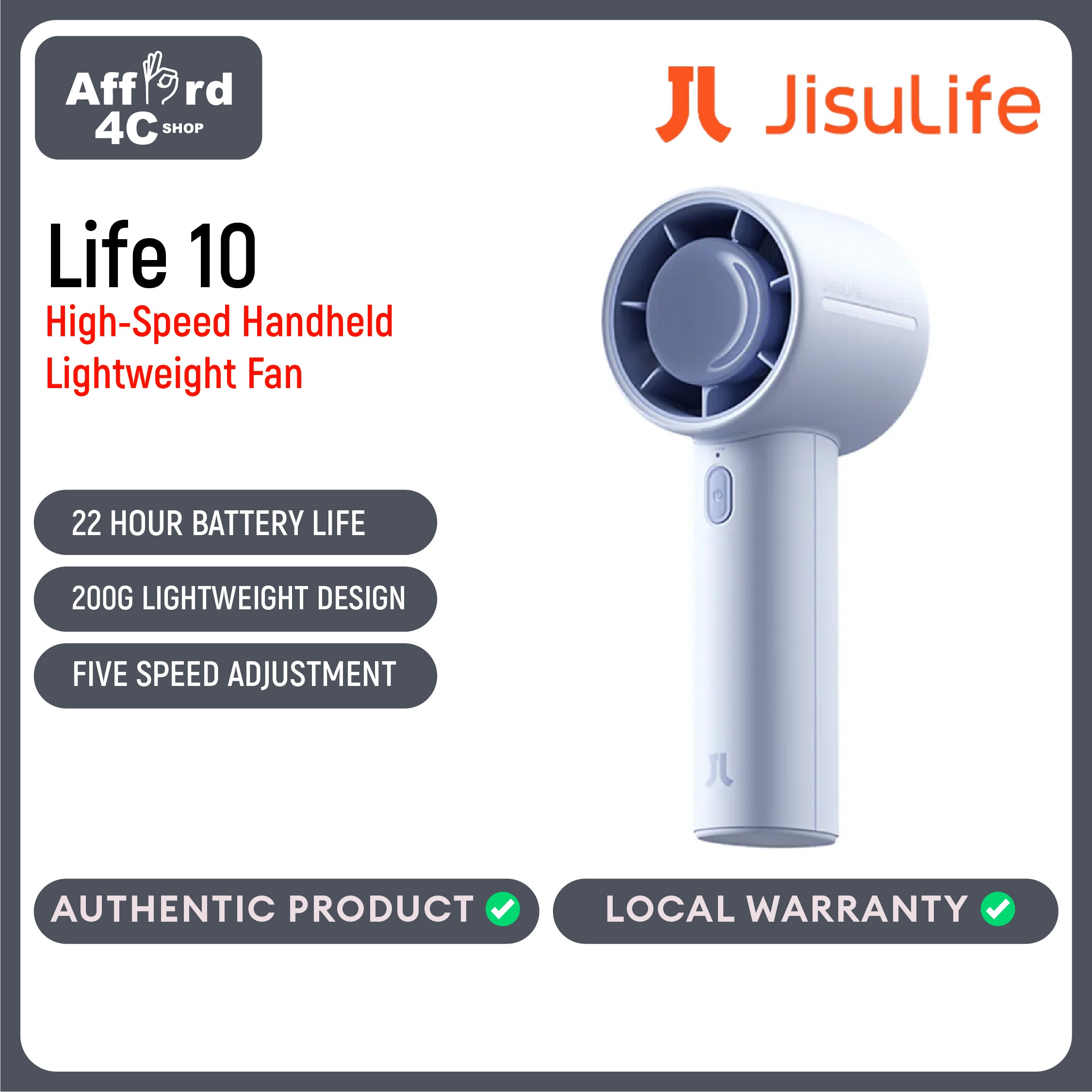Jisulife Handheld Fan Life10 4000mAh Portable 5 Speeds Strong Wind Rechargeable Electric Turbo Fans with LED Digital Display Safety Lock Suitable for Student Office Commuter