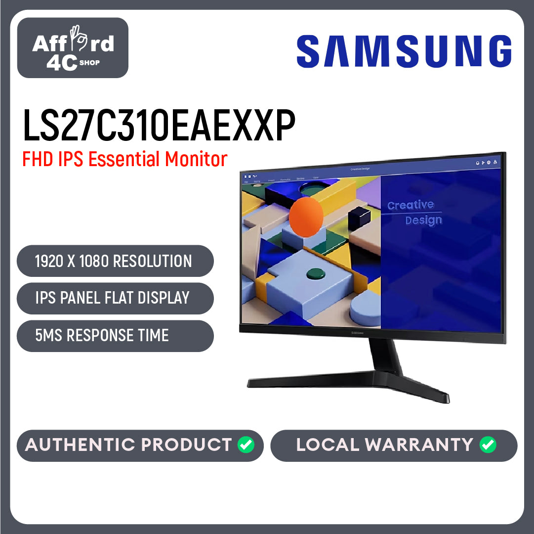 Samsung LS27C310EAEXXP FHD, 1920 x 1080, VGA + HDMI , 250cd, 75Hz Refresh Rate, 5 ms response time,Eco Saving Plus, Eye Saver Mode, Flicker Free, Game Color Mode, AMD Freesync, Windows 10 Certifiication IPS Panel