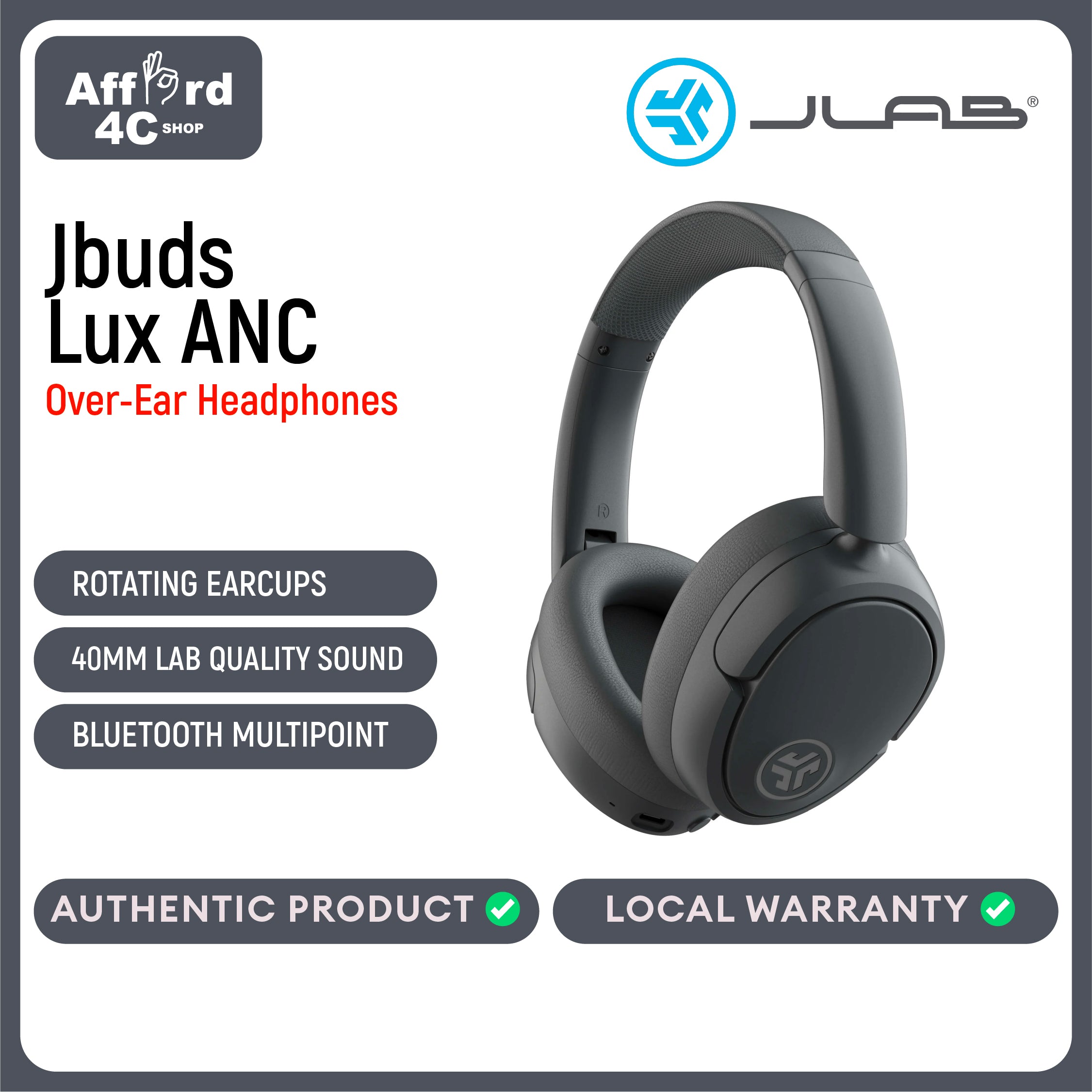 JLab JBuds Lux ANC Wireless Headphones Hybrid Active Noise Cancelling Customizable Sound Spatial Audio Compatible Premium Over-Ear Bluetooth Headset