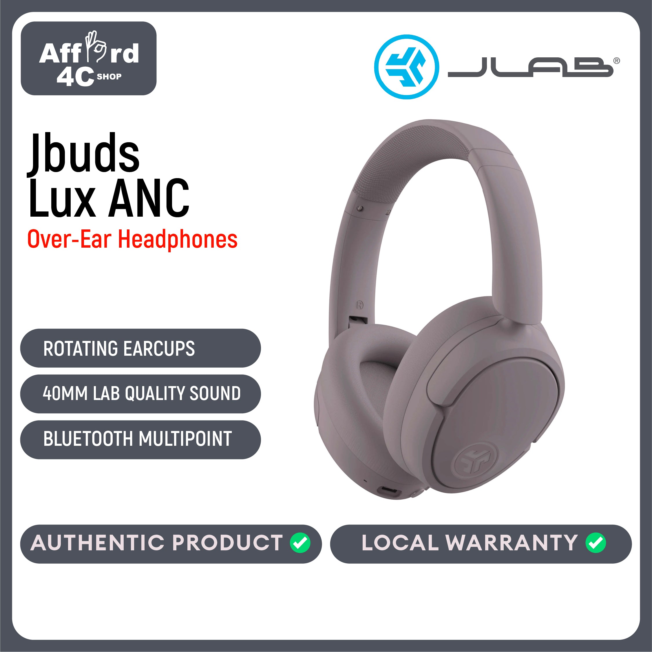 JLab JBuds Lux ANC Wireless Headphones Hybrid Active Noise Cancelling Customizable Sound Spatial Audio Compatible Premium Over-Ear Bluetooth Headset