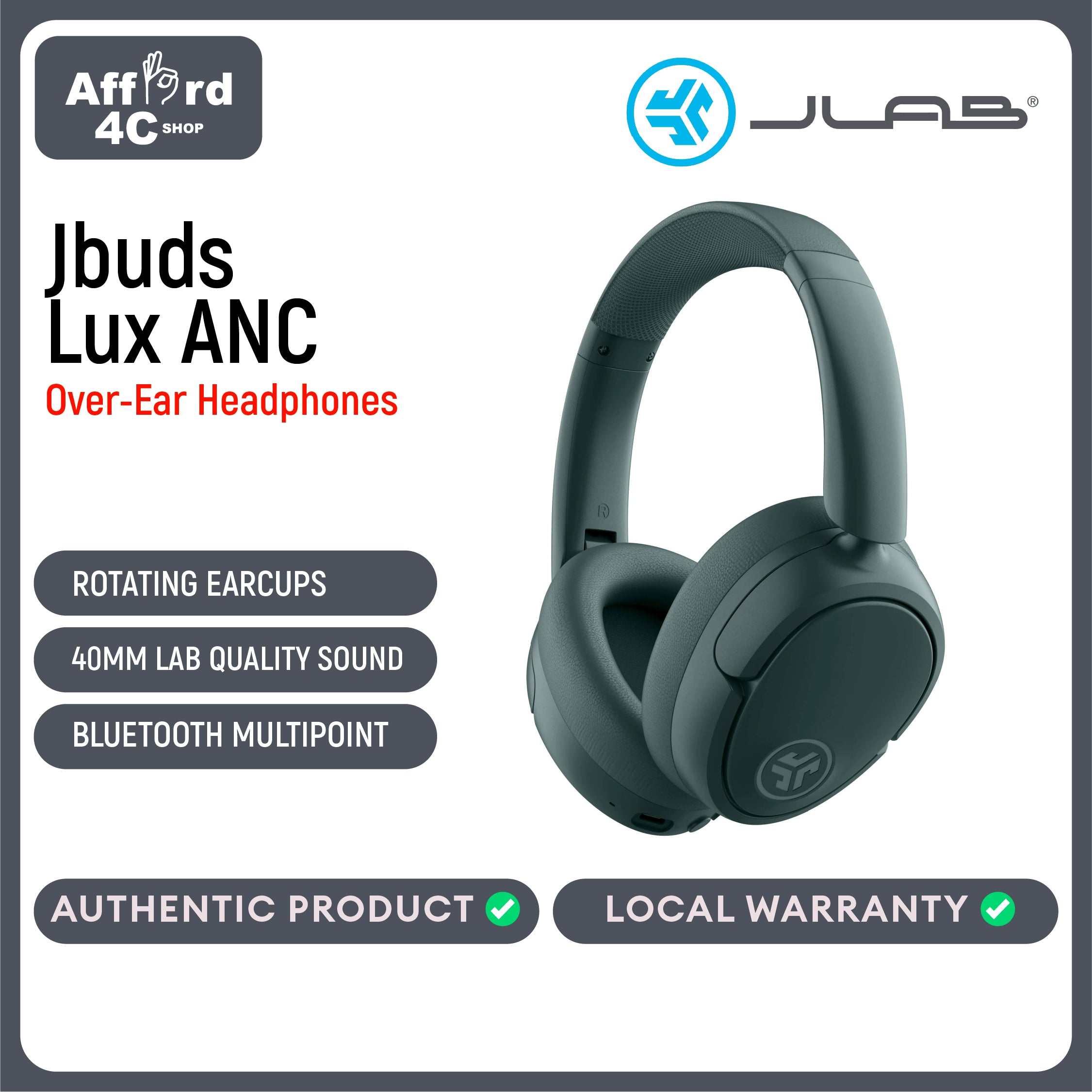 JLab JBuds Lux ANC Wireless Headphones Hybrid Active Noise Cancelling Customizable Sound Spatial Audio Compatible Premium Over-Ear Bluetooth Headset