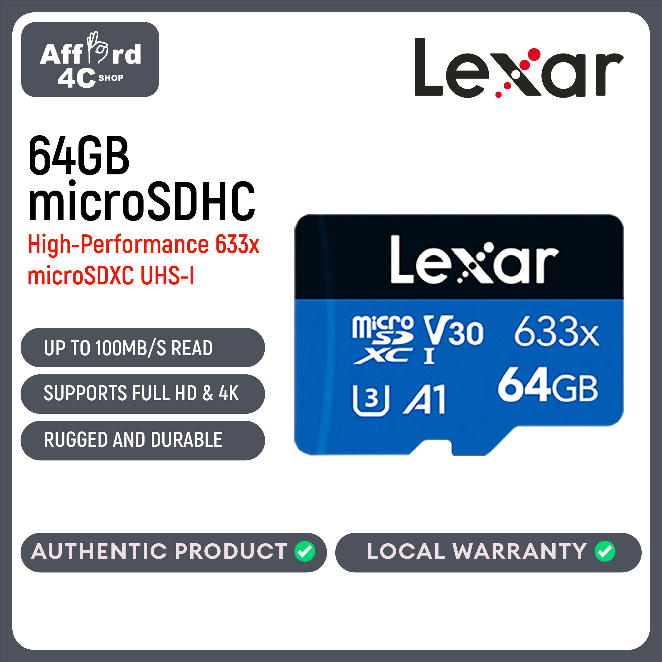 Lexar High-Performance 633x 64GB microSDHC/microSDXC UHS-I Blue Series (LMS0633064G-BNNNG)