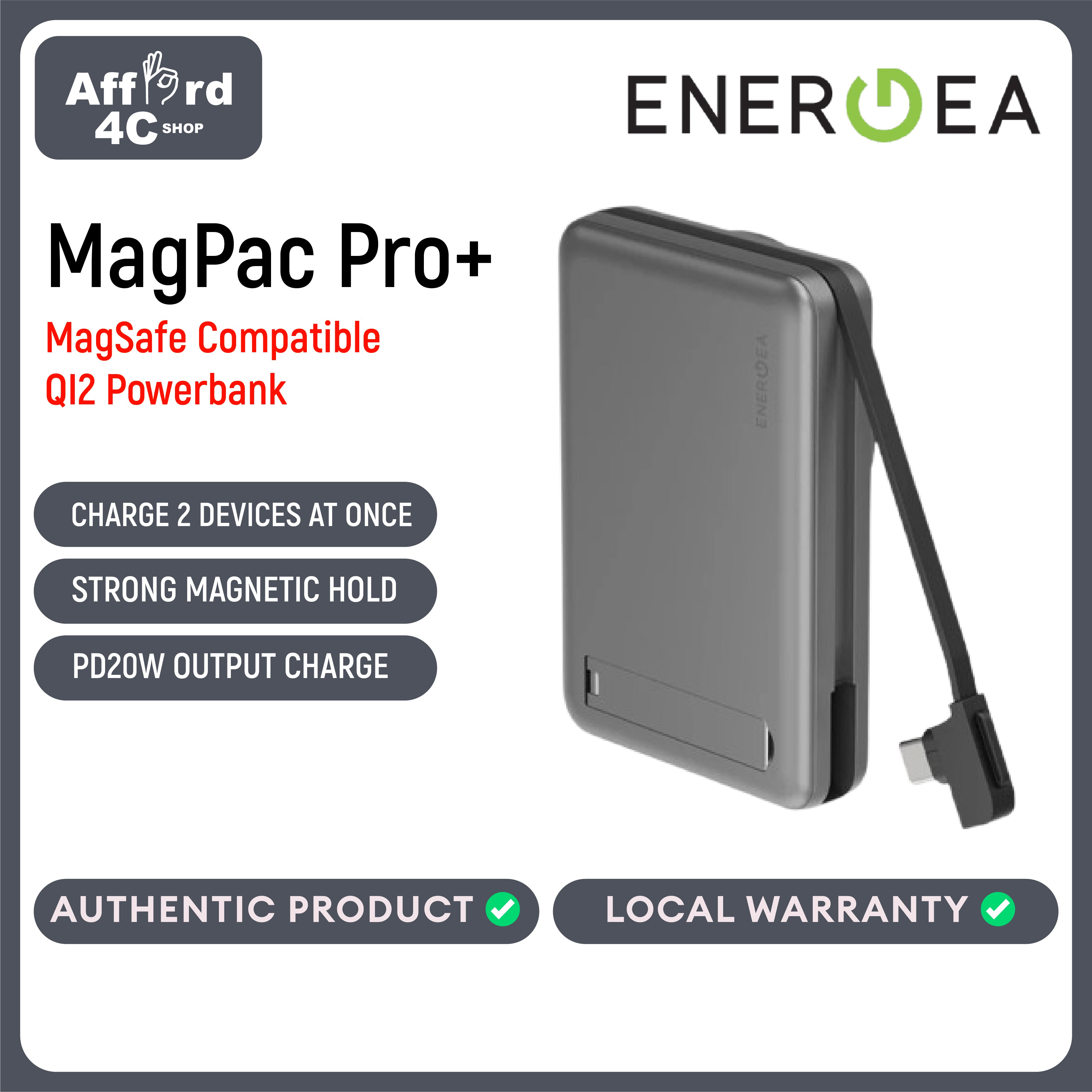 Energea MagPac Pro Plus, 10000MAH MagSafe Compatible QI2 Power Bank With Built-In Cable and Stand