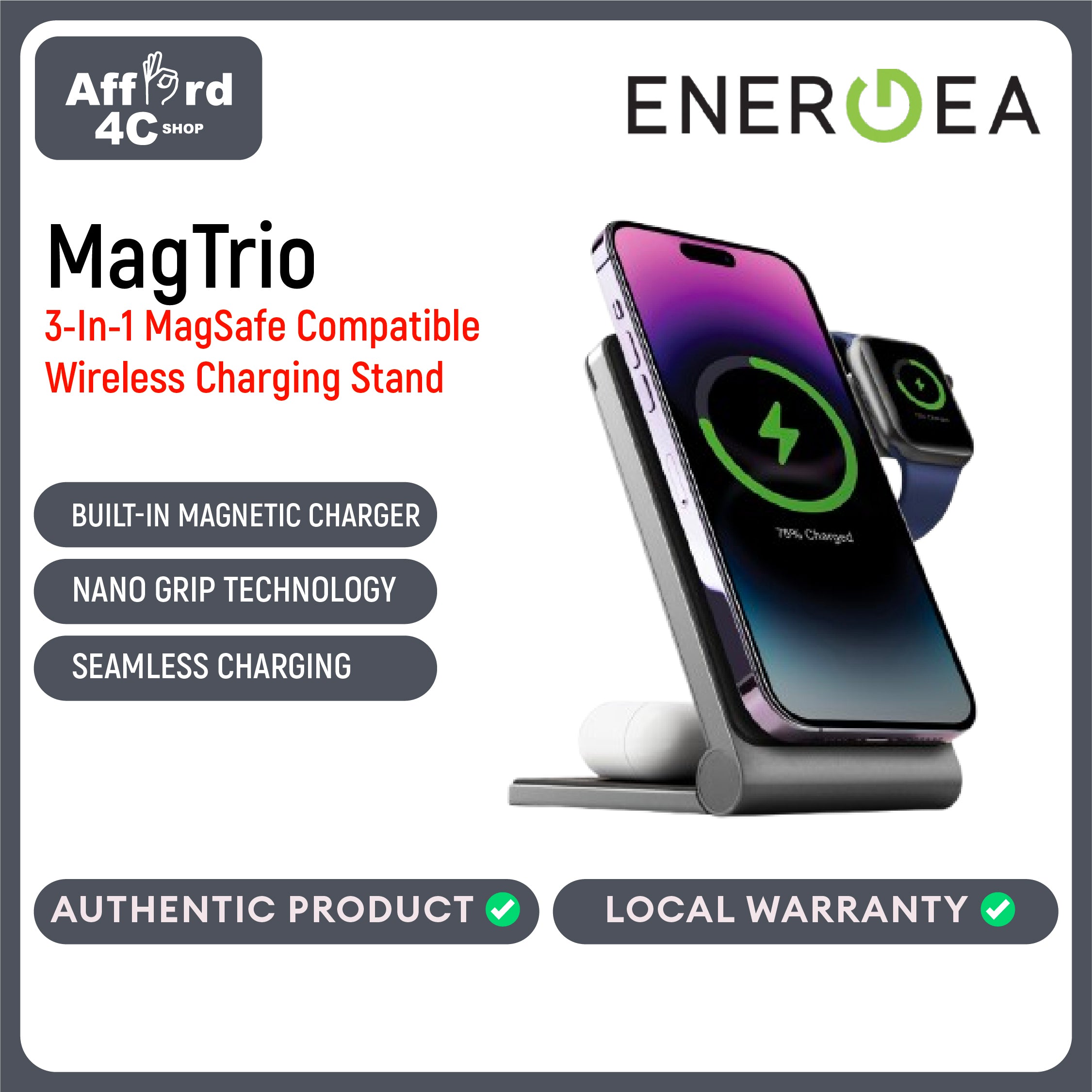 Energea MagTrio 3-In-1 MagSafe Compatible Wireless Charging Stand