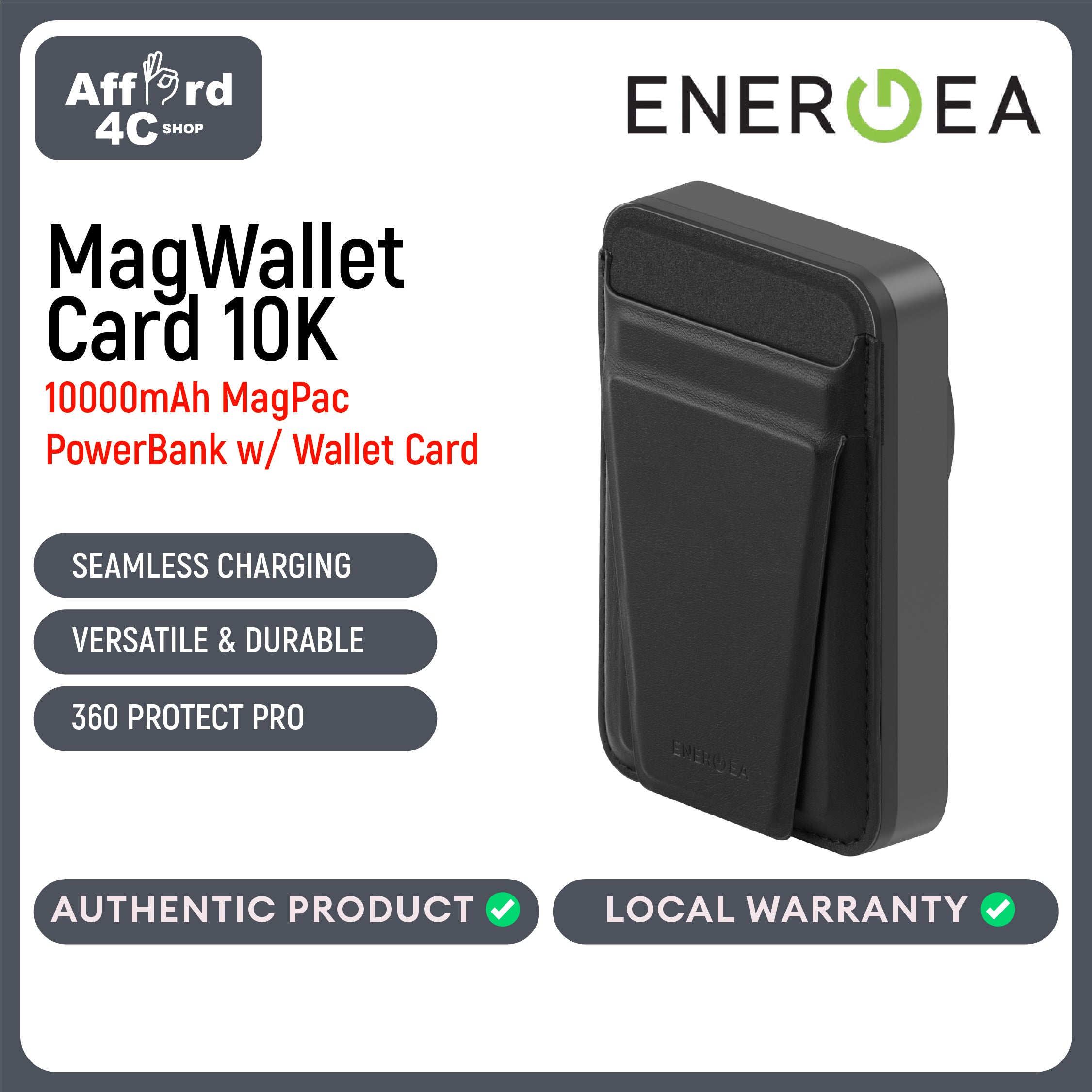 Energea MagWallet Card 10K, 10000MAH Magpac Plus PowerBank with Magwallet Card - Gunmetal Black