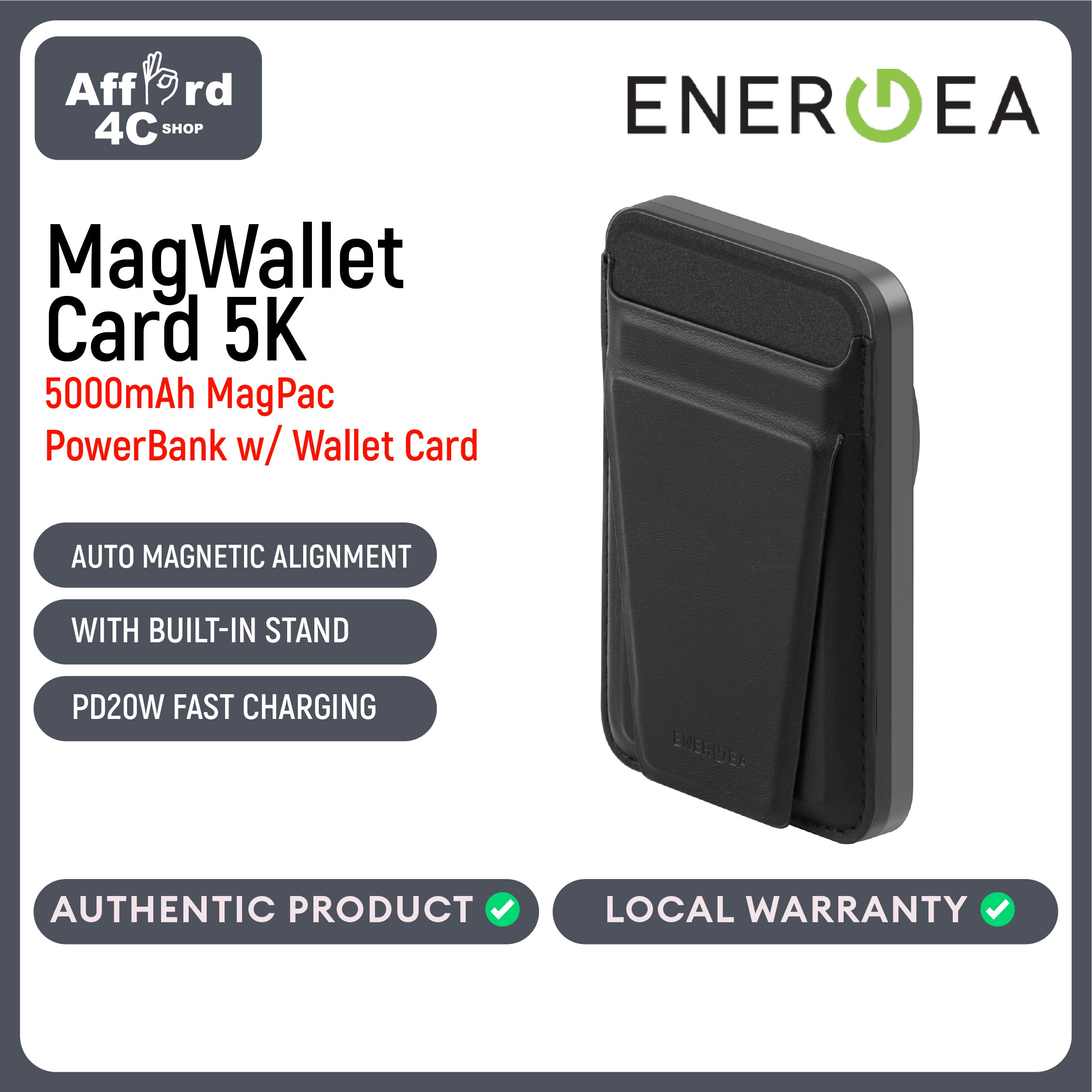 Energea MagWallet Card 5K, 5000MAH Magpac Plus PowerBank with Magwallet Card - Gunmetal Black