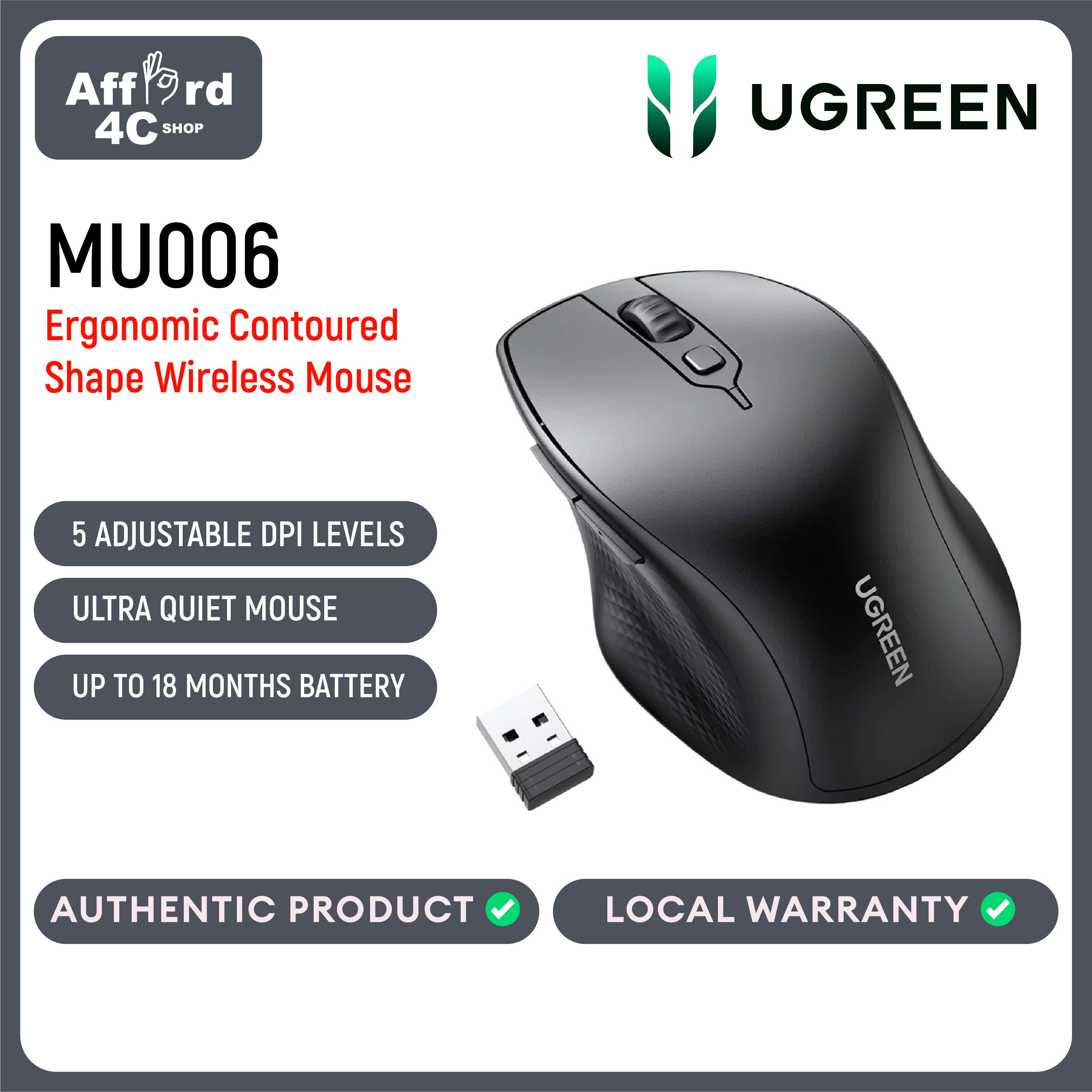 Ugreen Ergonomic Contoured-shape Design Wireless Mouse 2.4GHz&BT