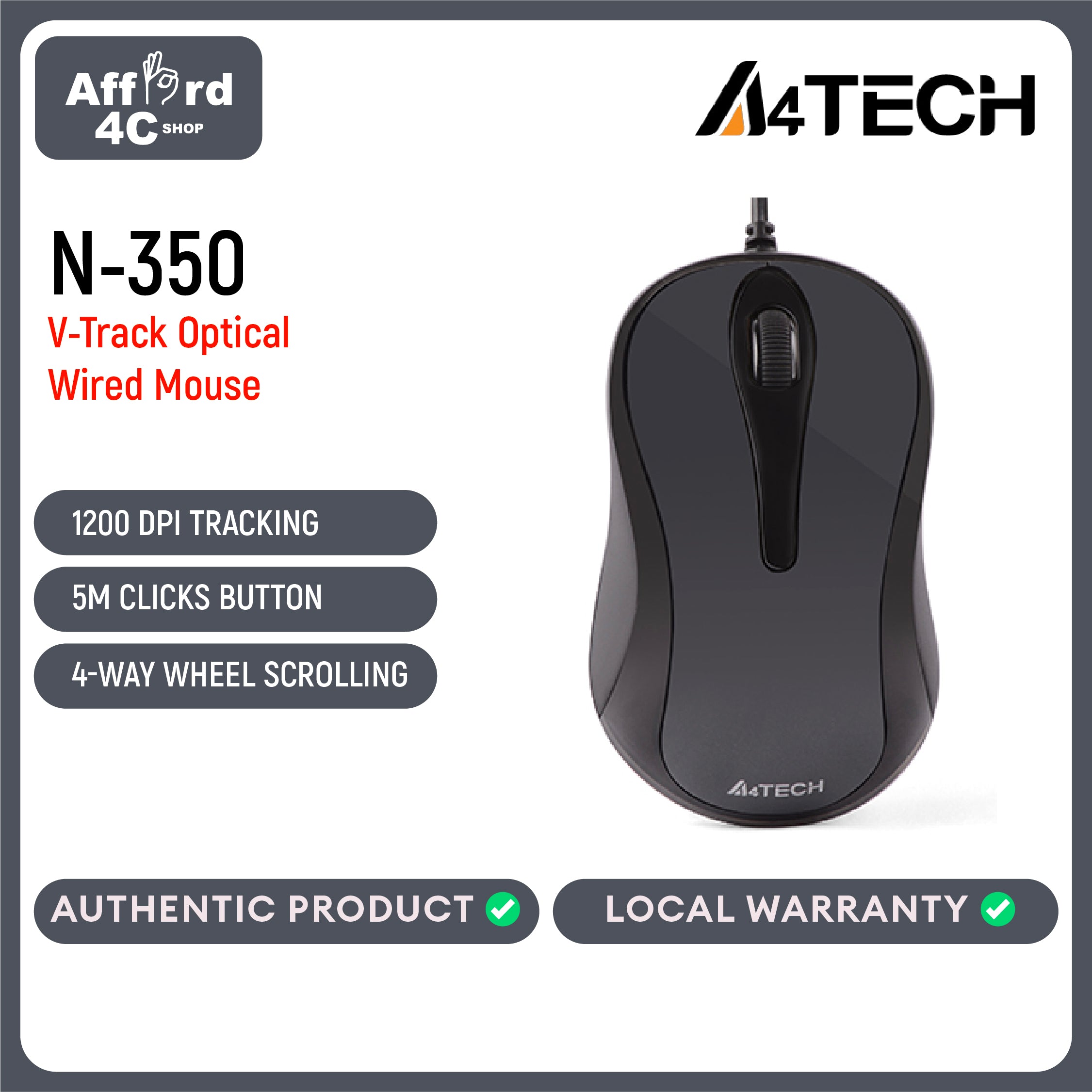 A4Tech N-350-1 Glossy Grey V-Track Mouse