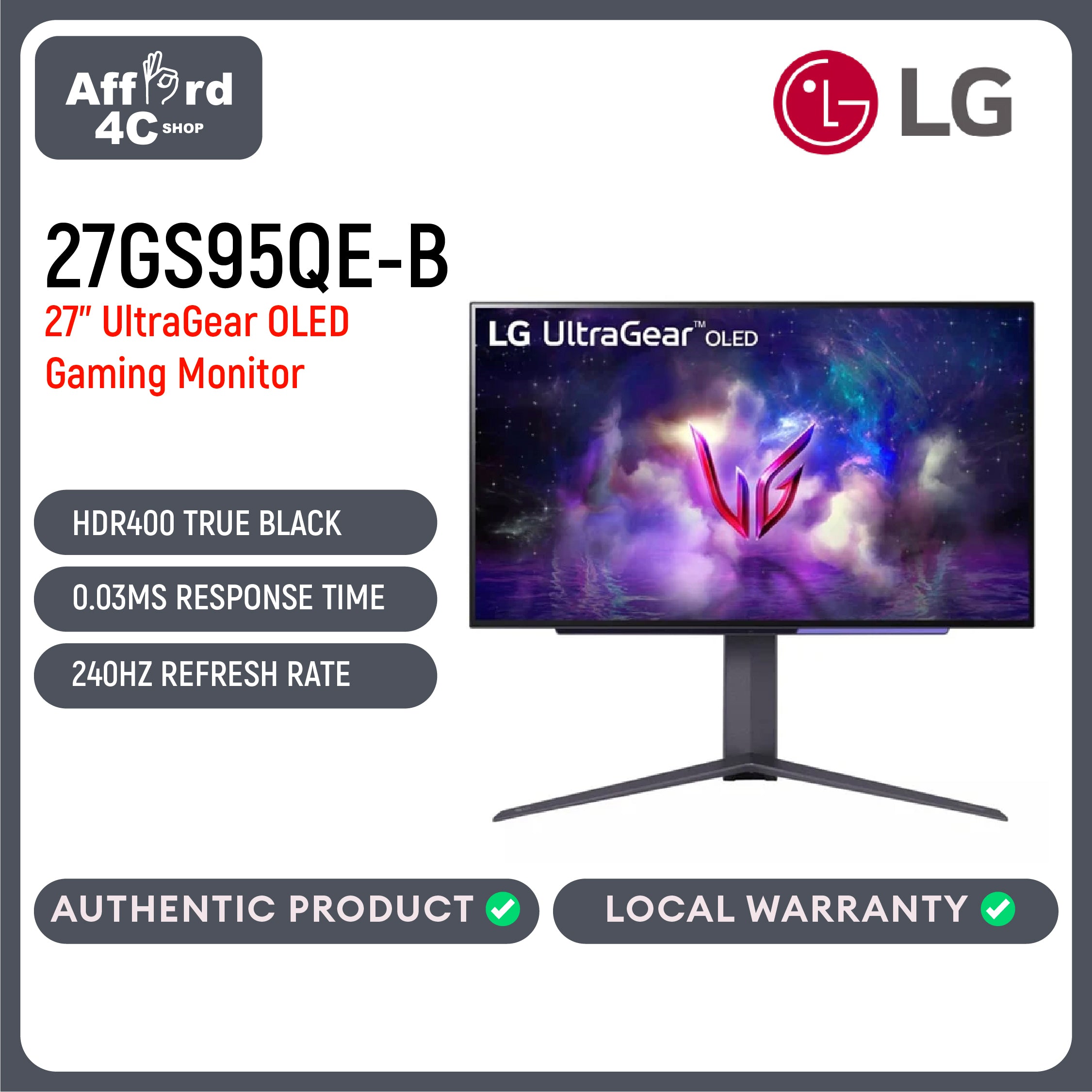 LG 27GS95QE-B 27" Ultragear OLED Gaming Monitor QHD 240Hz 0.03ms DisplayHDR True Black 400 AMD FreeSync Premium Pro NVIDIA G-Sync HDMI 2.1 DisplayPort Tilt/Height/Swivel Stand Black