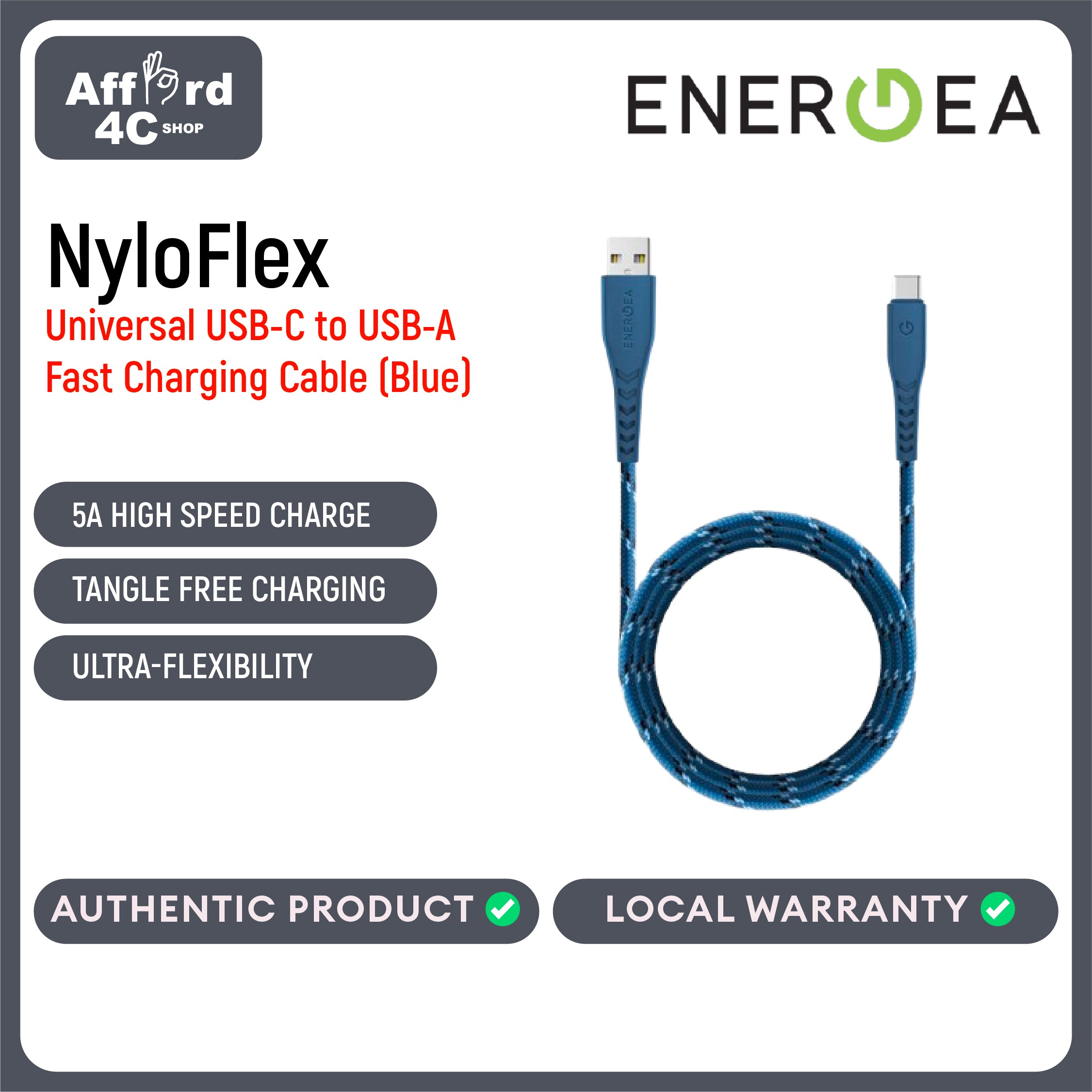 Energea NyloFlex USB-C to USB-A Cable 1.5M