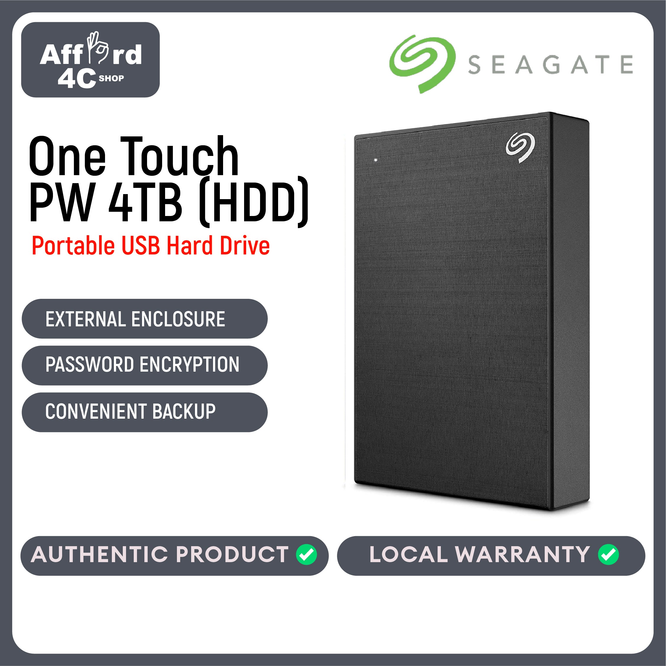 Seagate One Touch PW (HDD) 4TB Black - Silver - Blue - Red - Space Grey