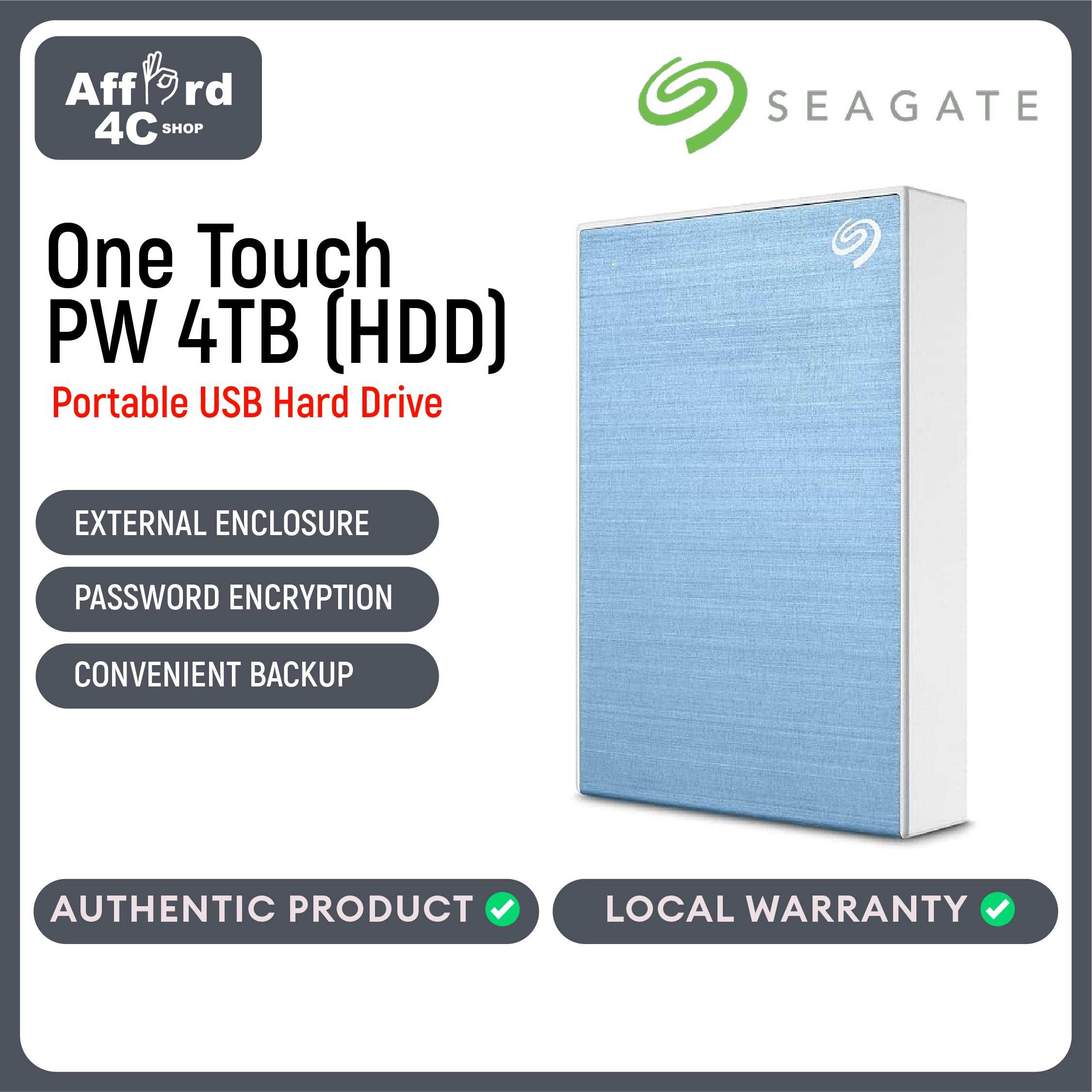 Seagate One Touch PW (HDD) 4TB Black - Silver - Blue - Red - Space Grey