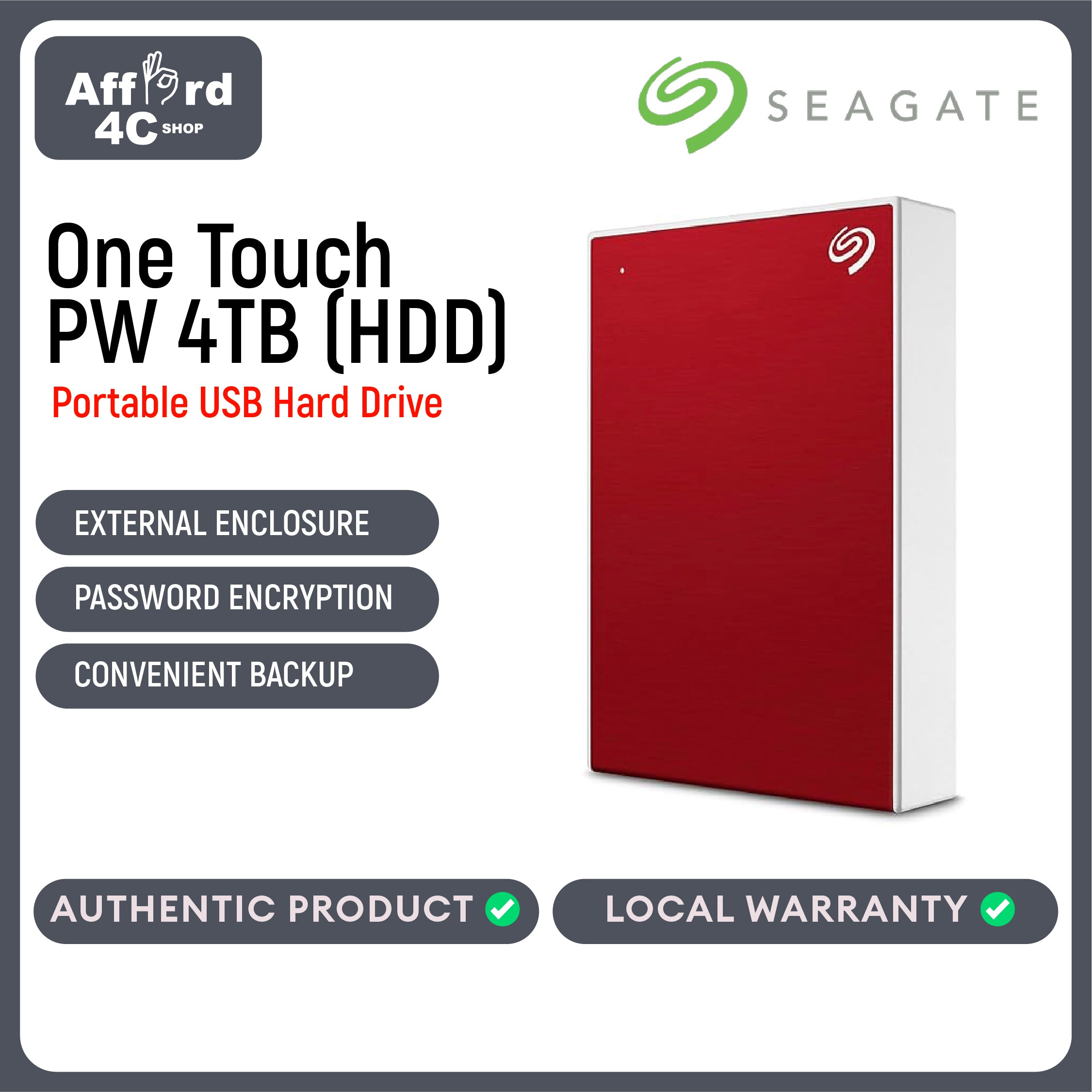 Seagate One Touch PW (HDD) 4TB Black - Silver - Blue - Red - Space Grey