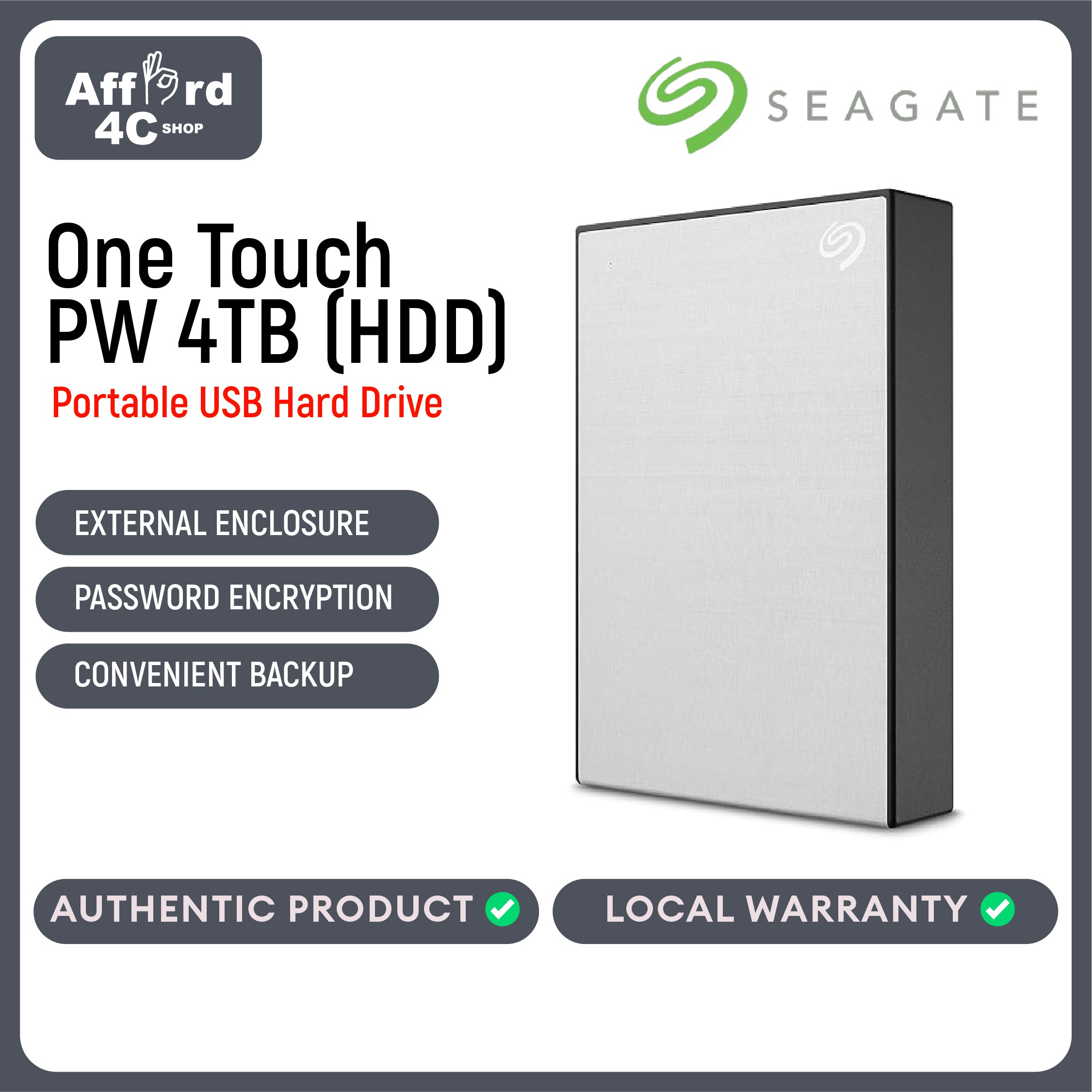 Seagate One Touch PW (HDD) 4TB Black - Silver - Blue - Red - Space Grey