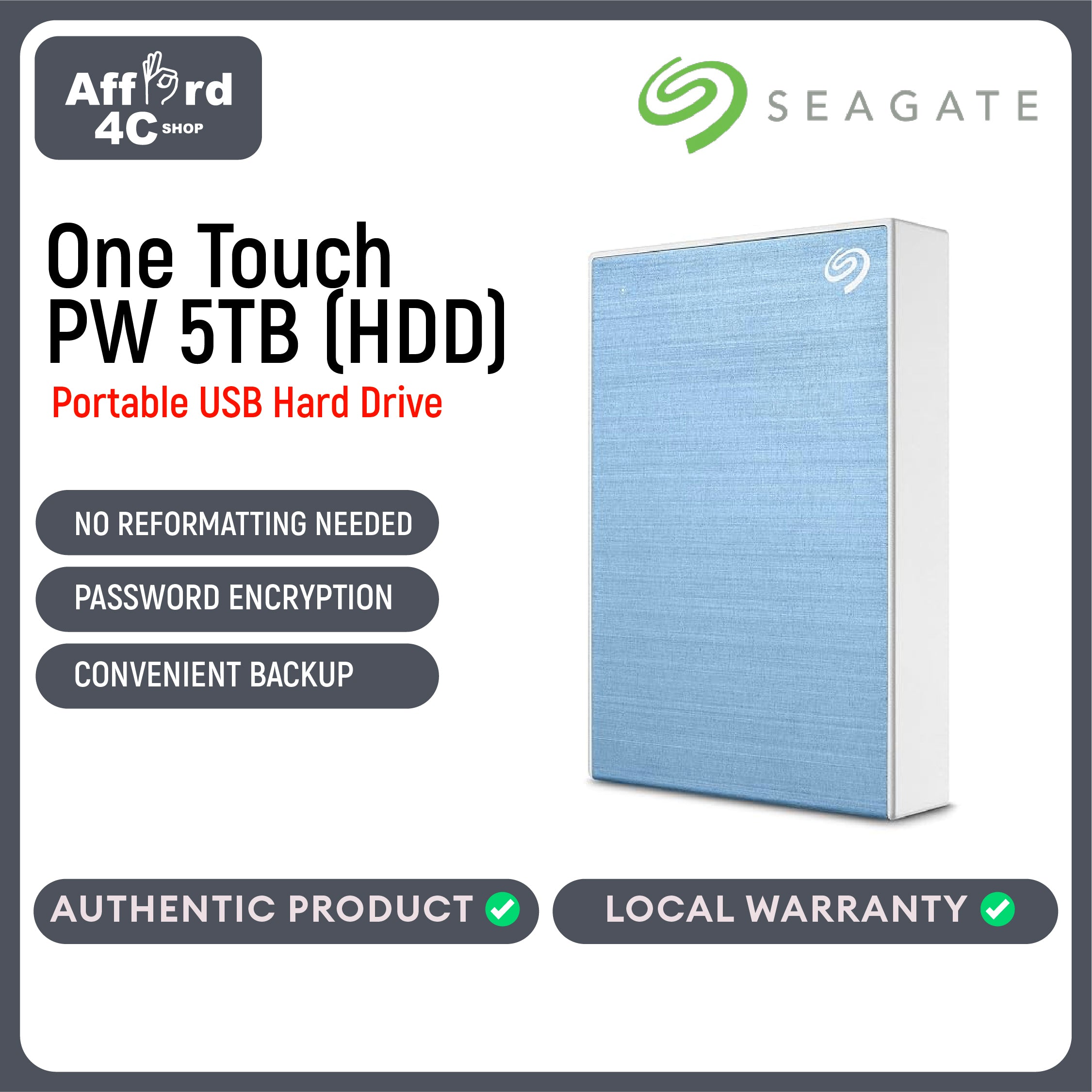Seagate One Touch PW (HDD) 5TB Black - Silver - Blue - Red - Space Grey