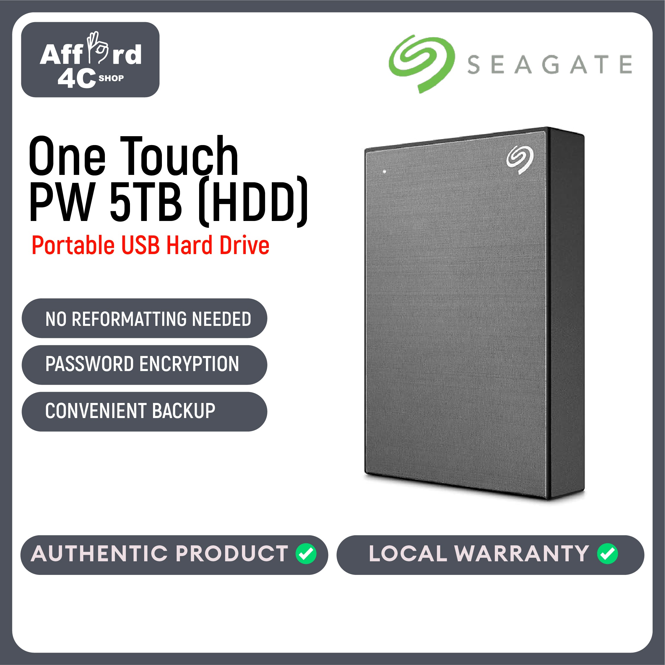 Seagate One Touch PW (HDD) 5TB Black - Silver - Blue - Red - Space Grey