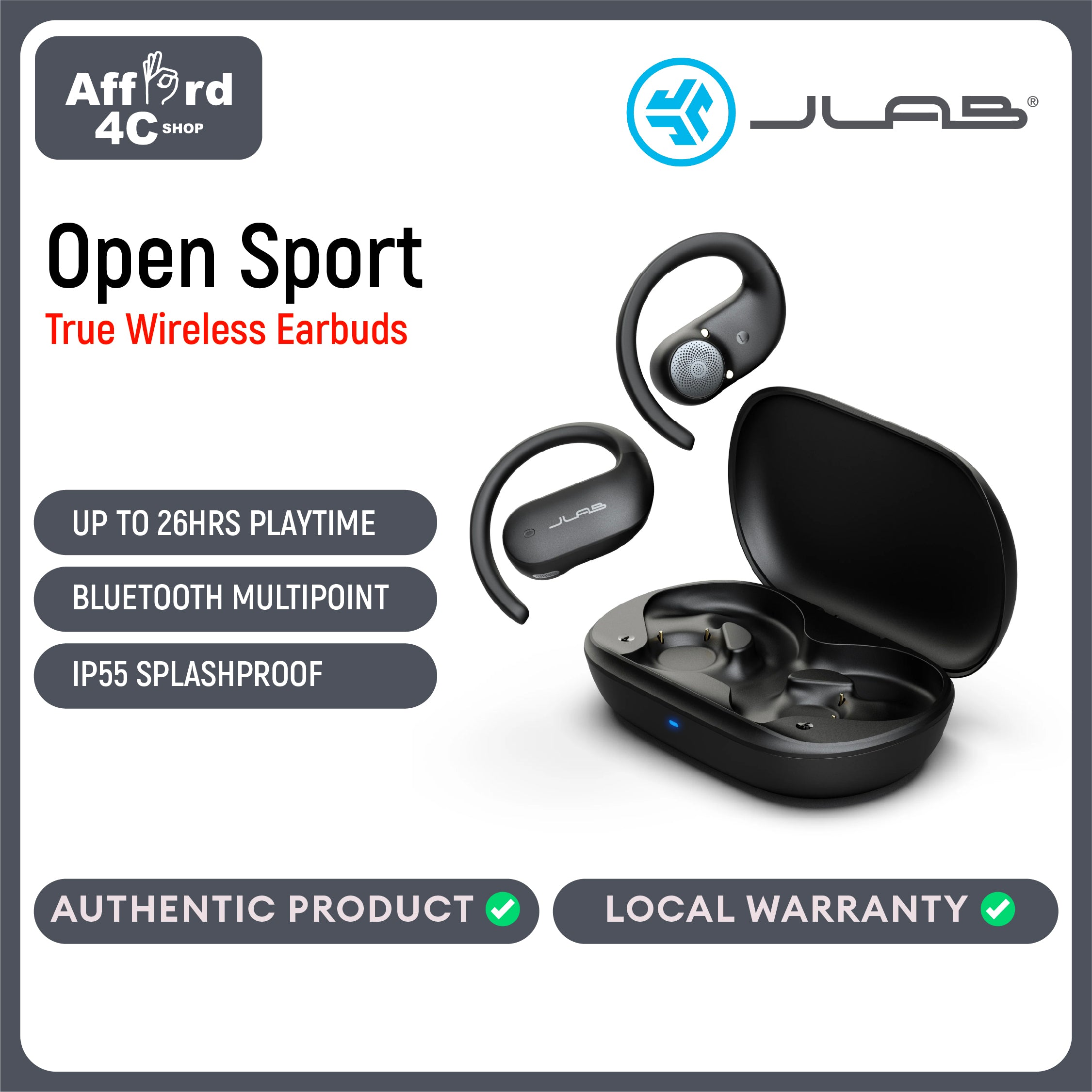 JLab JBuds Open Sport Earbuds, Black, Ear Hook Design for Workout Fitness, Wireless Open-Ear Audio Freedom, Safe Listening, Bluetooth Multipoint