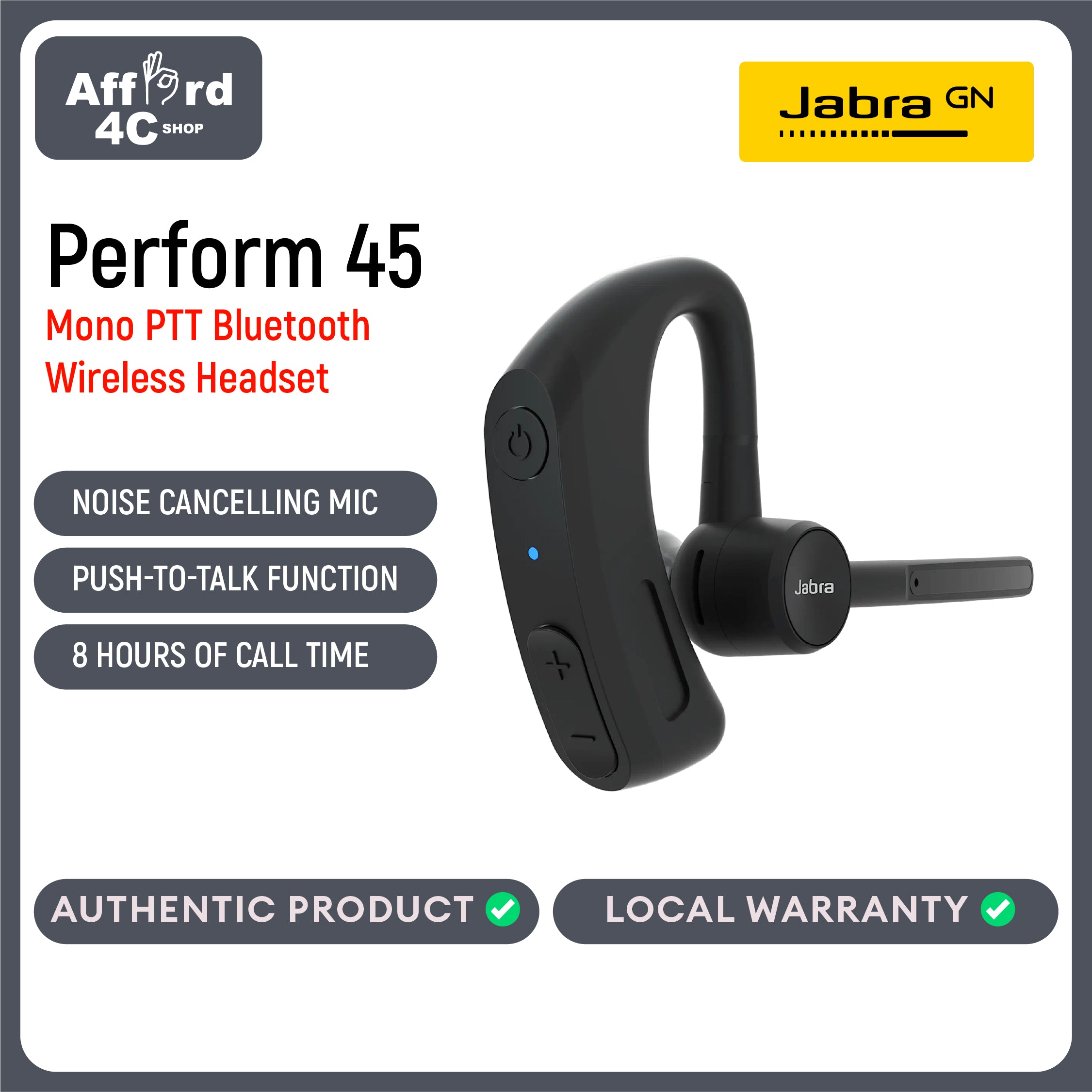 Jabra Perform 45 Push-to-Talk Bluetooth Wireless Headset, Noise-Cancelling Microphone, Push-to-Talk Functionality, Face2Face Mode, and Discreet Design, IP54-Rated