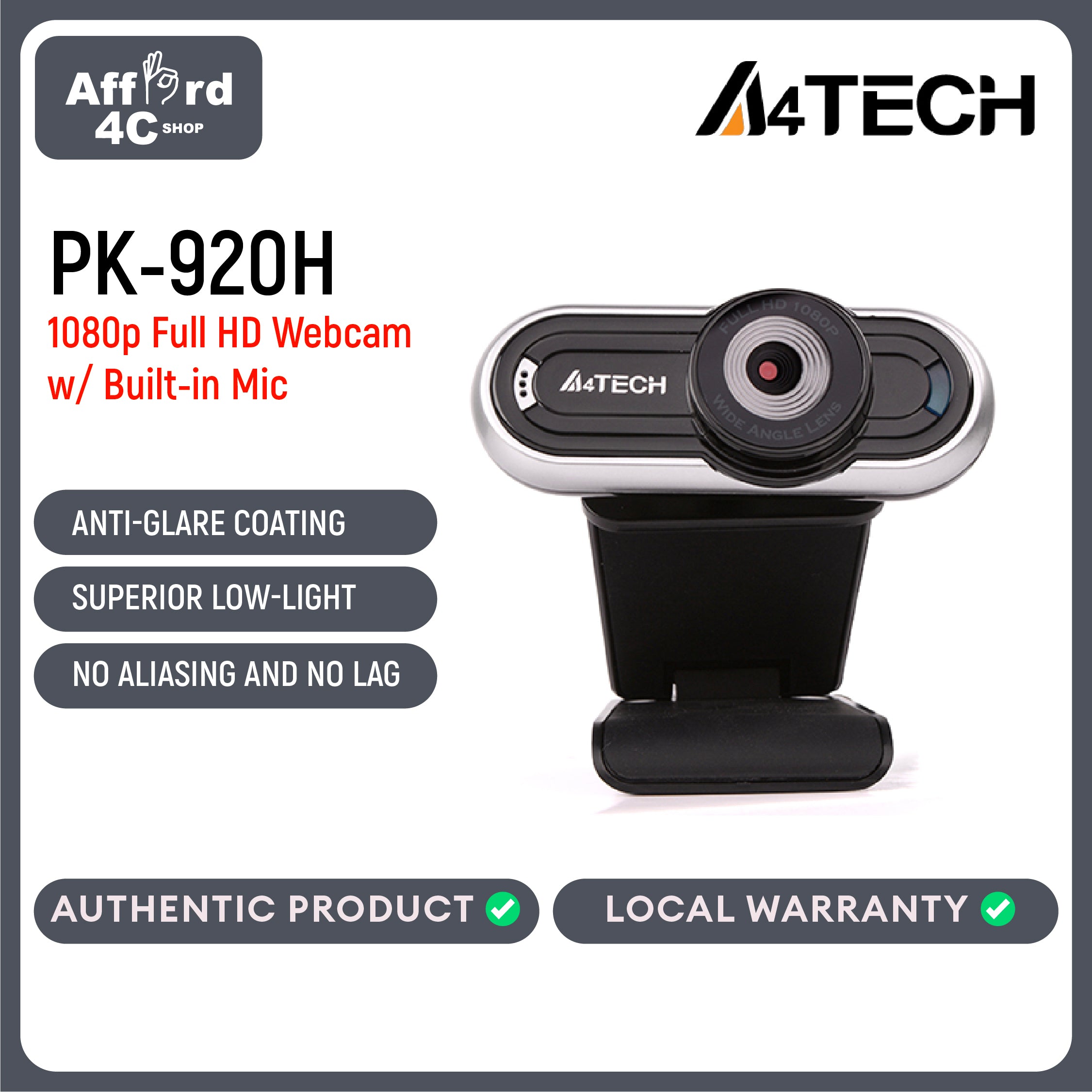 A4Tech PK-920H Full HD 1080p Webcam with Built-in Microphone