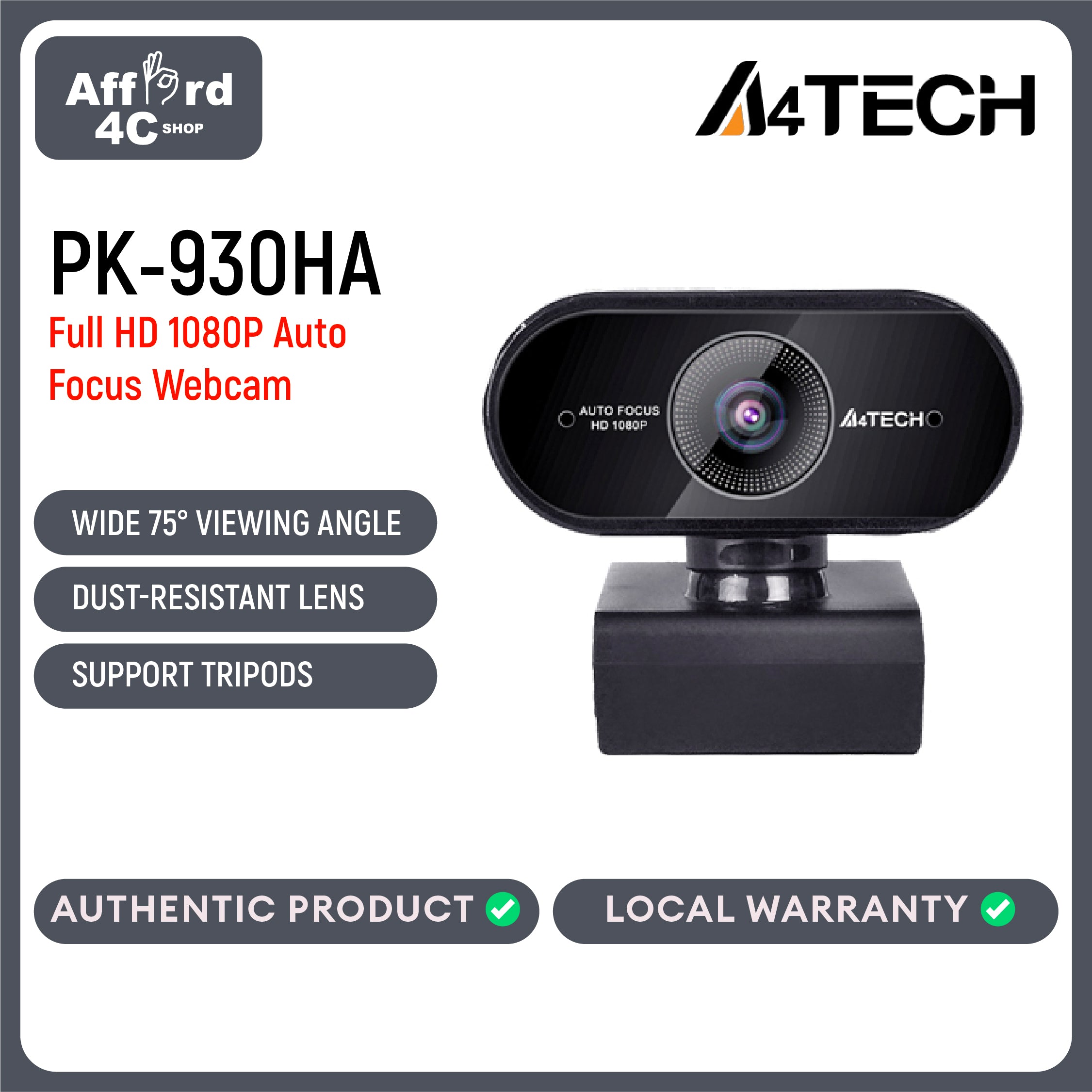 A4tech PK-930HA Full HD 1080P Auto Focus Webcam /USB Black,60Hz