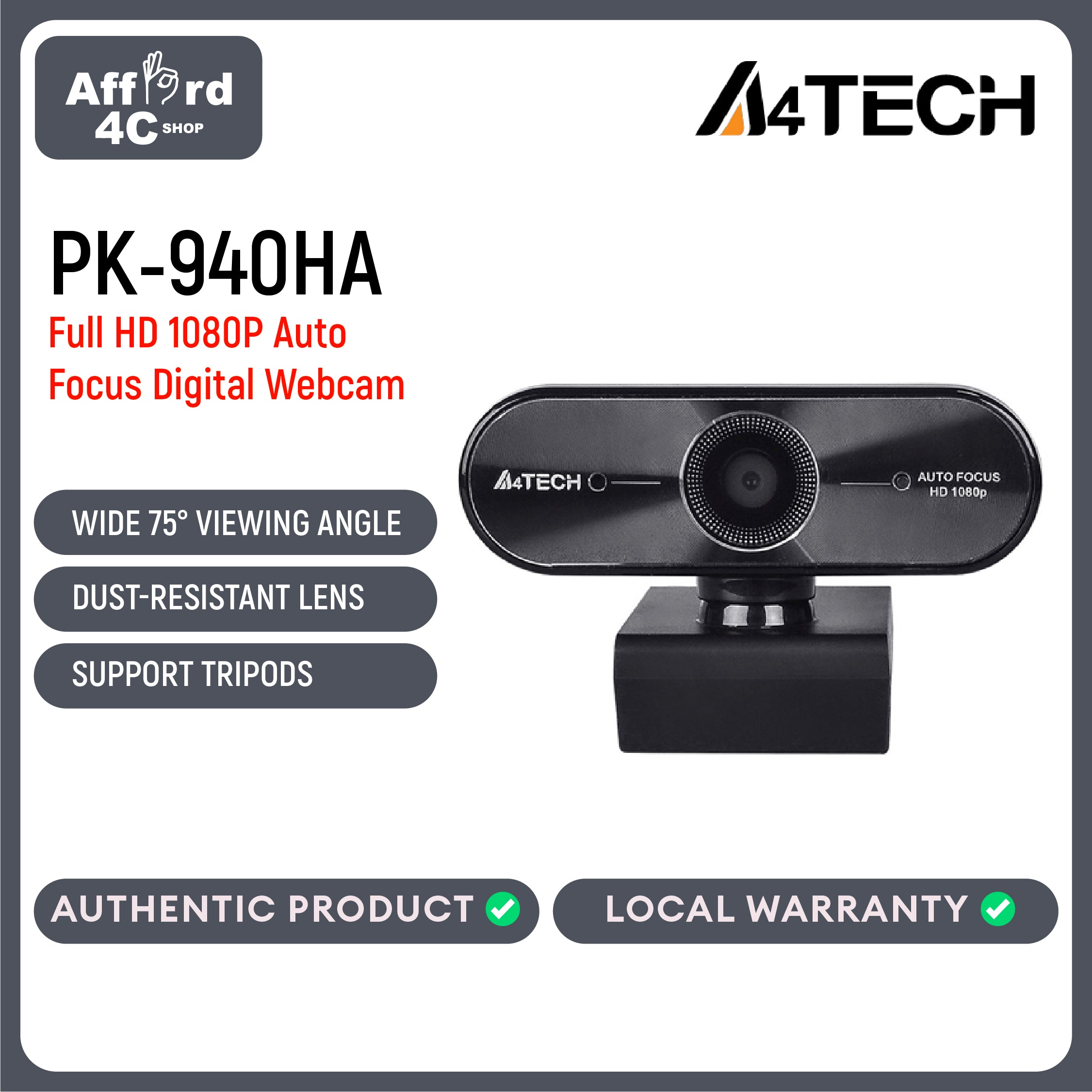 A4tech PK-940HA Full CHD 1080P Auto Focus Webcam /USB Black,60Hz