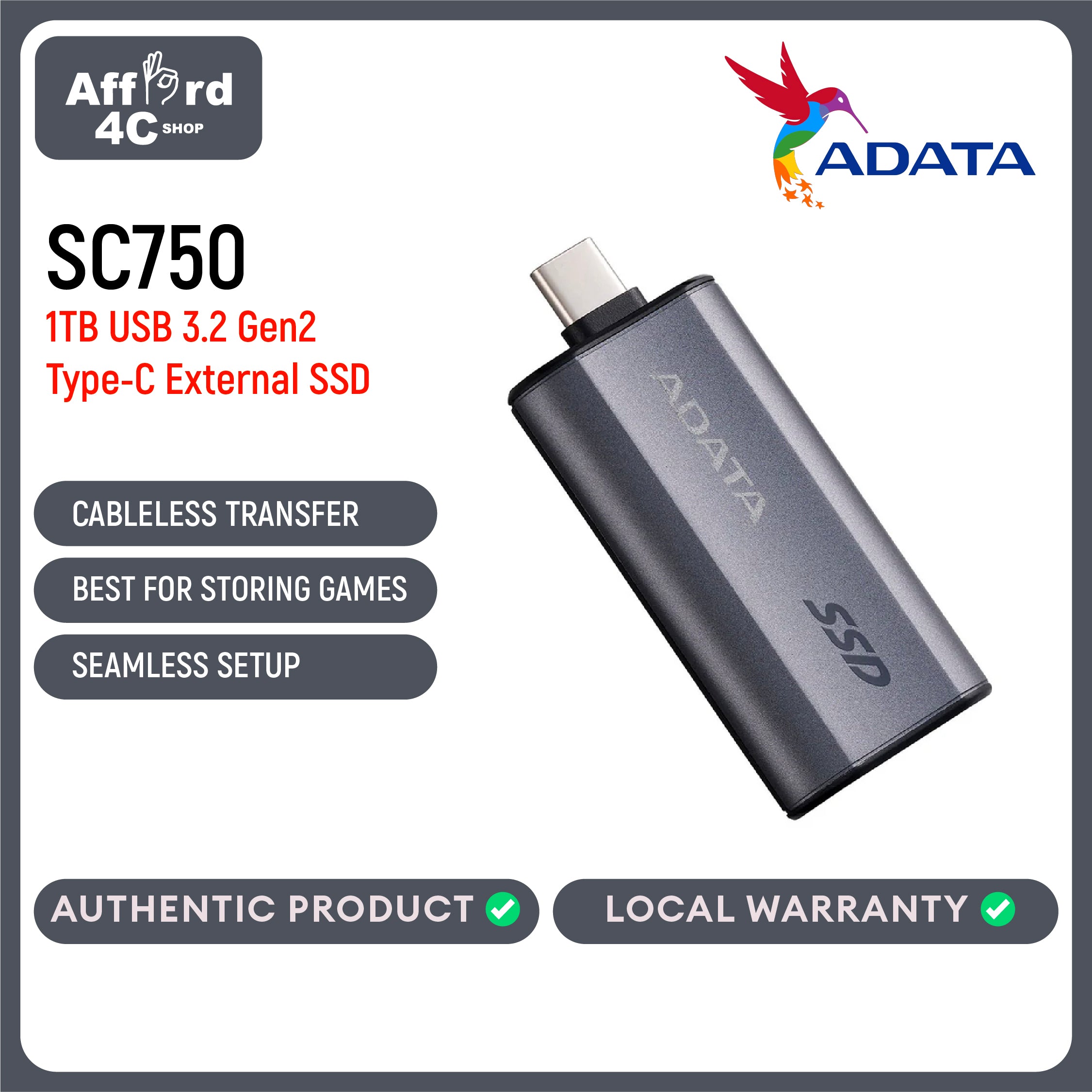 Adata SC750 USB 3.2 Gen2 Type-C External SSD (500GB, 1TB)