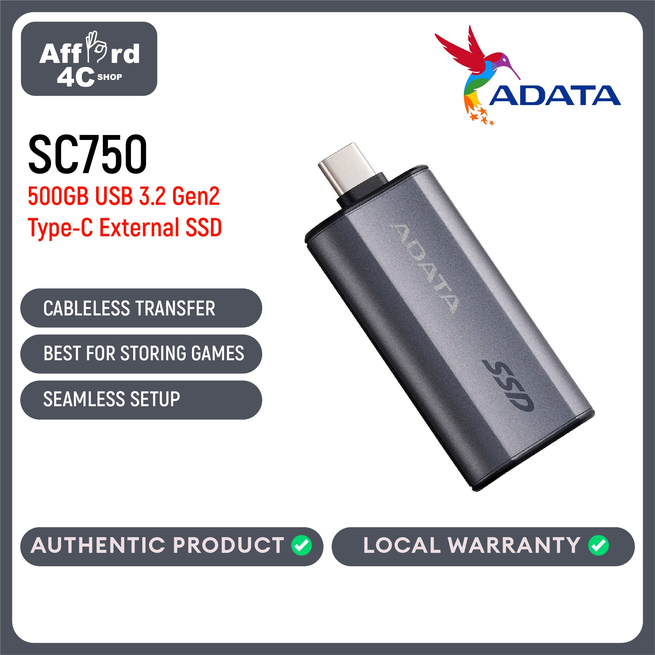 Adata SC750 USB 3.2 Gen2 Type-C External SSD (500GB, 1TB)