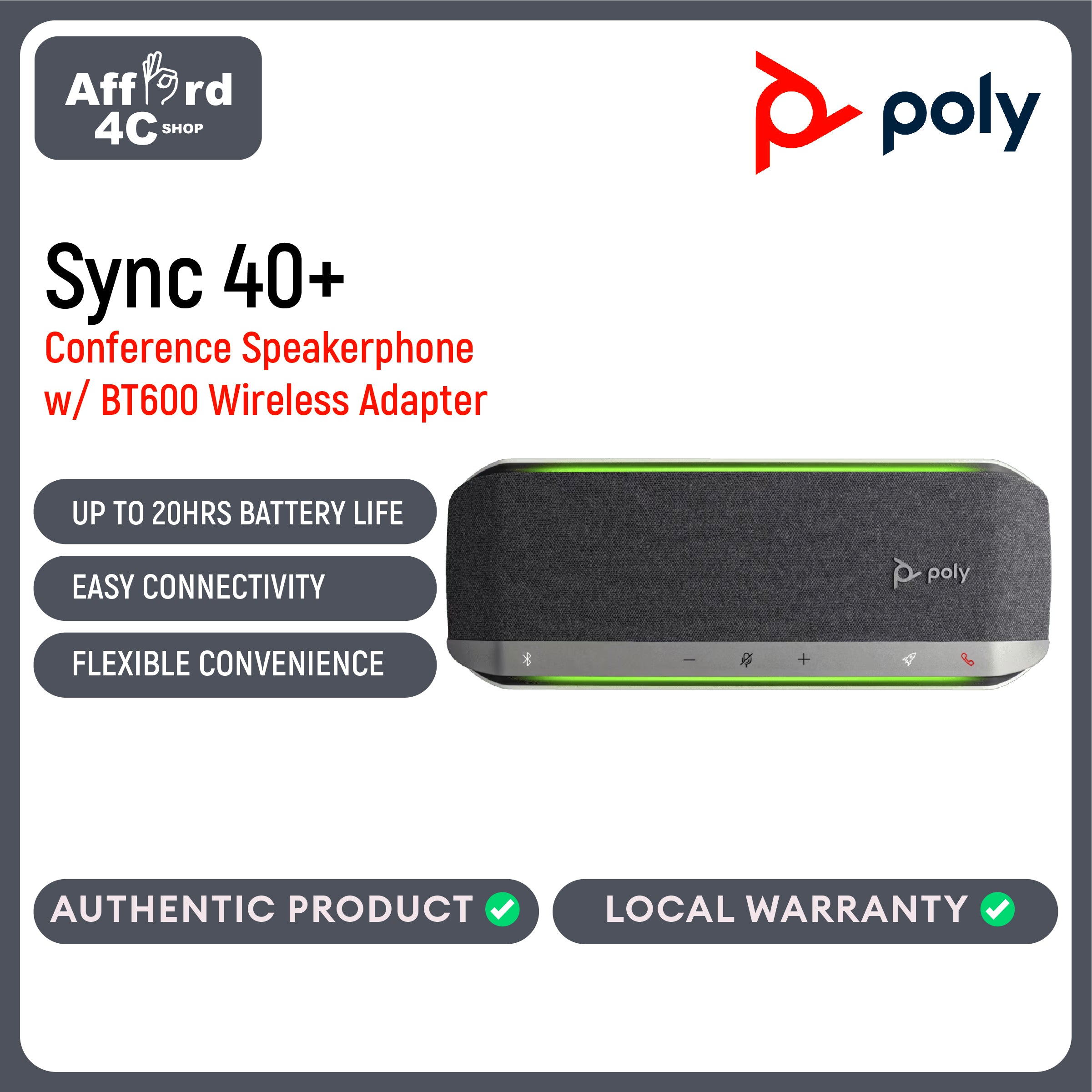 Poly Sync 40+, Standard, Smart Conference Speakerphone With BT600 USB-A and USB-C Wireless Adapter