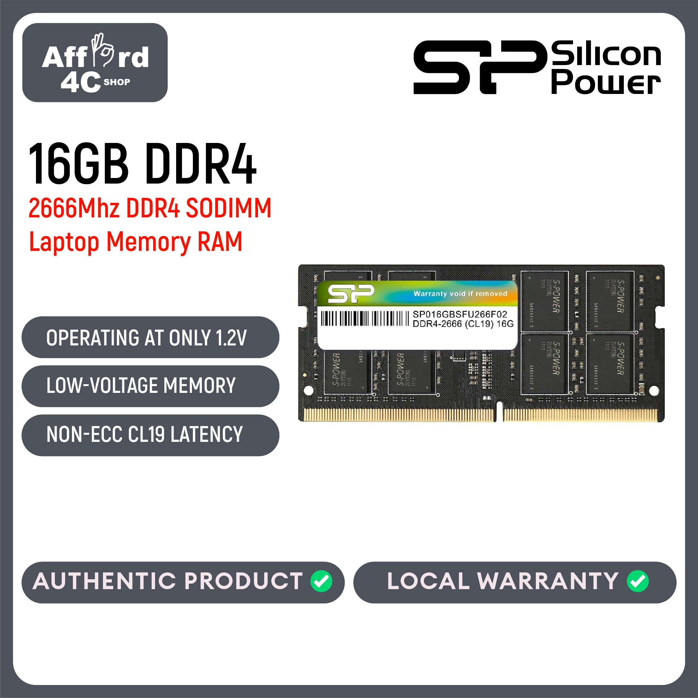 Silicon Power 16GB 2666Mhz DDR4 Non-ECC CL19 SODIMM Laptop Memory RAM