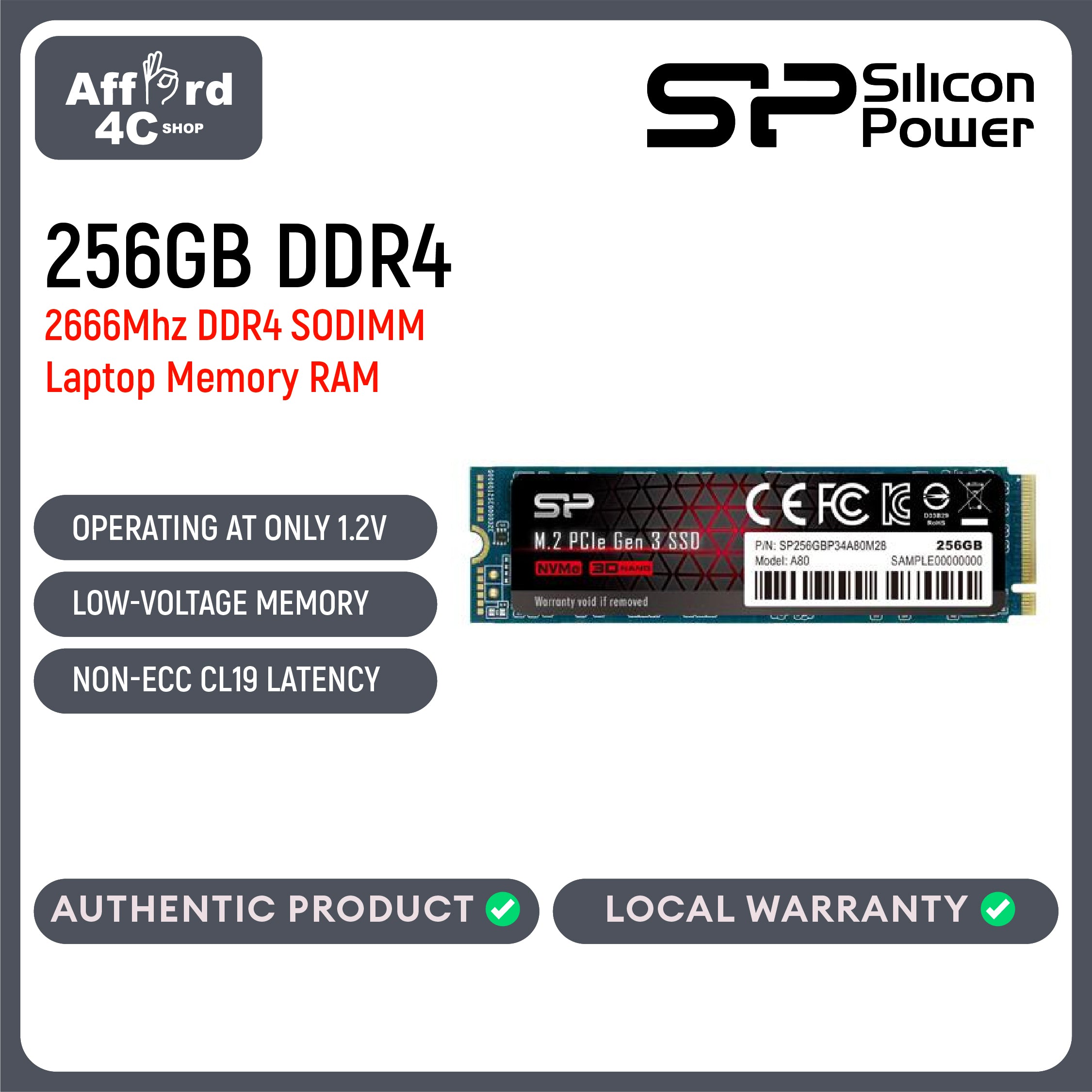 Silicon Power 256GB - NVMe M.2 PCIe Gen3x4 2280 TLC R/W up to 3,100/1,100MB/s SSD (SP256GBP34A80M28)