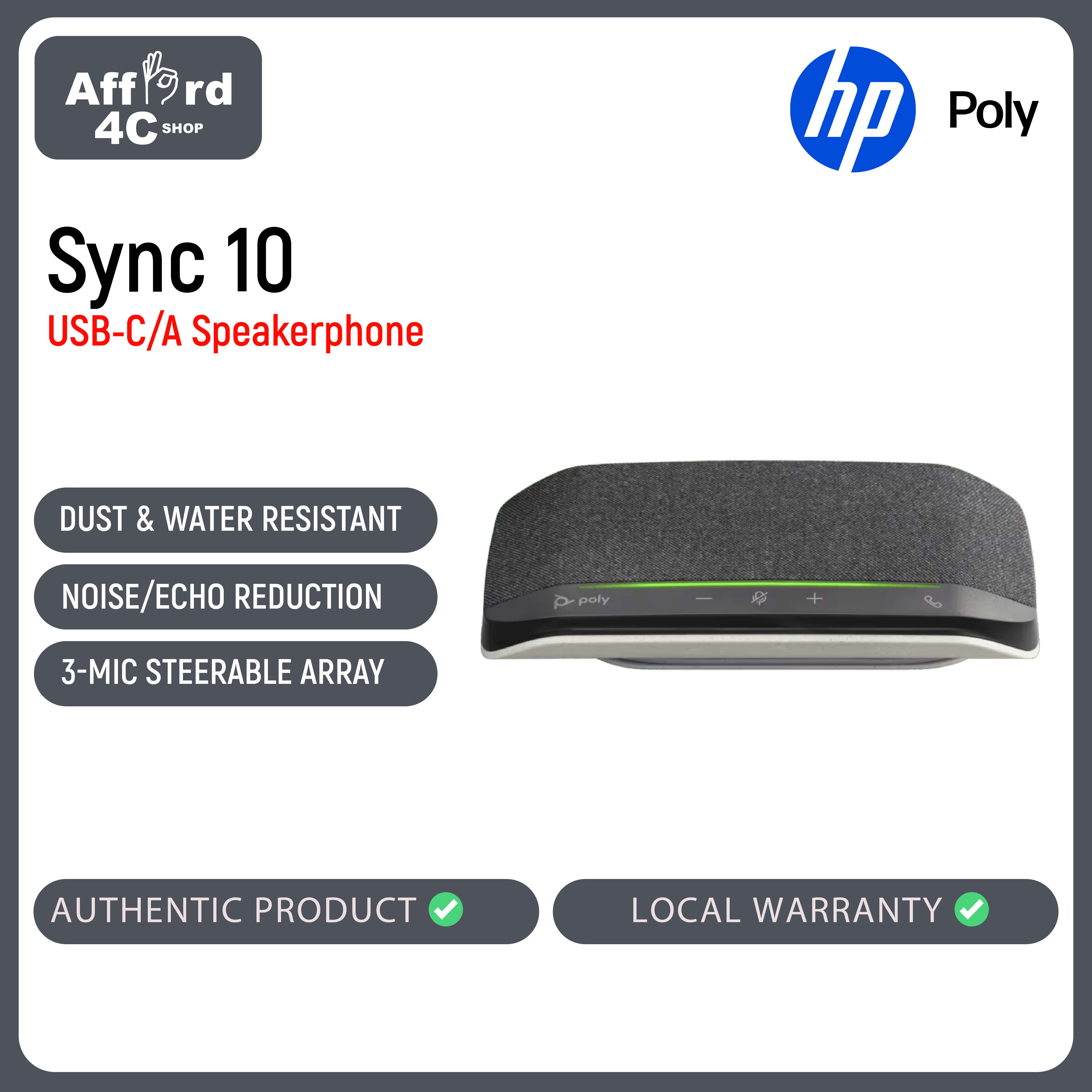 HP Poly Sync 10 USB-A USB-C Speakerphone for Teams Zoom Conference Calls