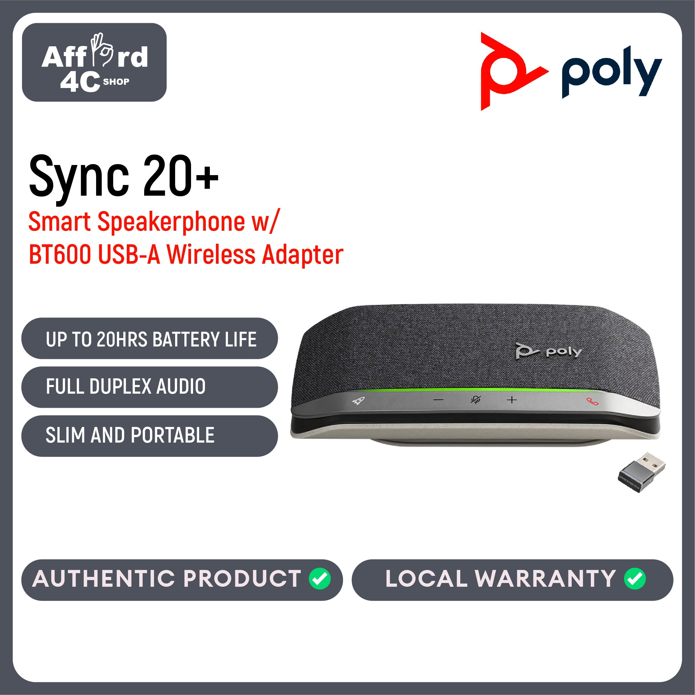 Poly Sync 20+, Standard, Smart Conference Speakerphone With BT600 USB-A Wireless Adapter