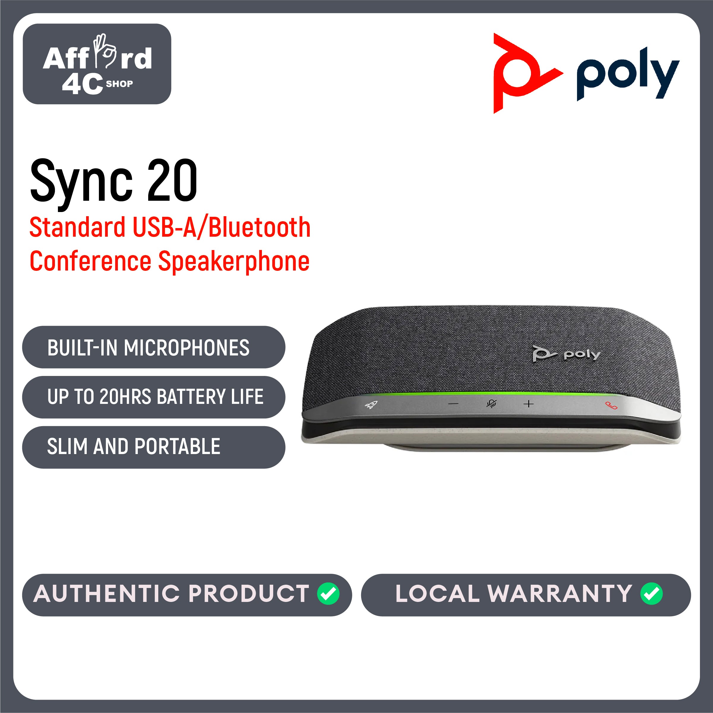 Poly Sync 20, Standard, USB-A/Bluetooth Smart Conference Speakerphone