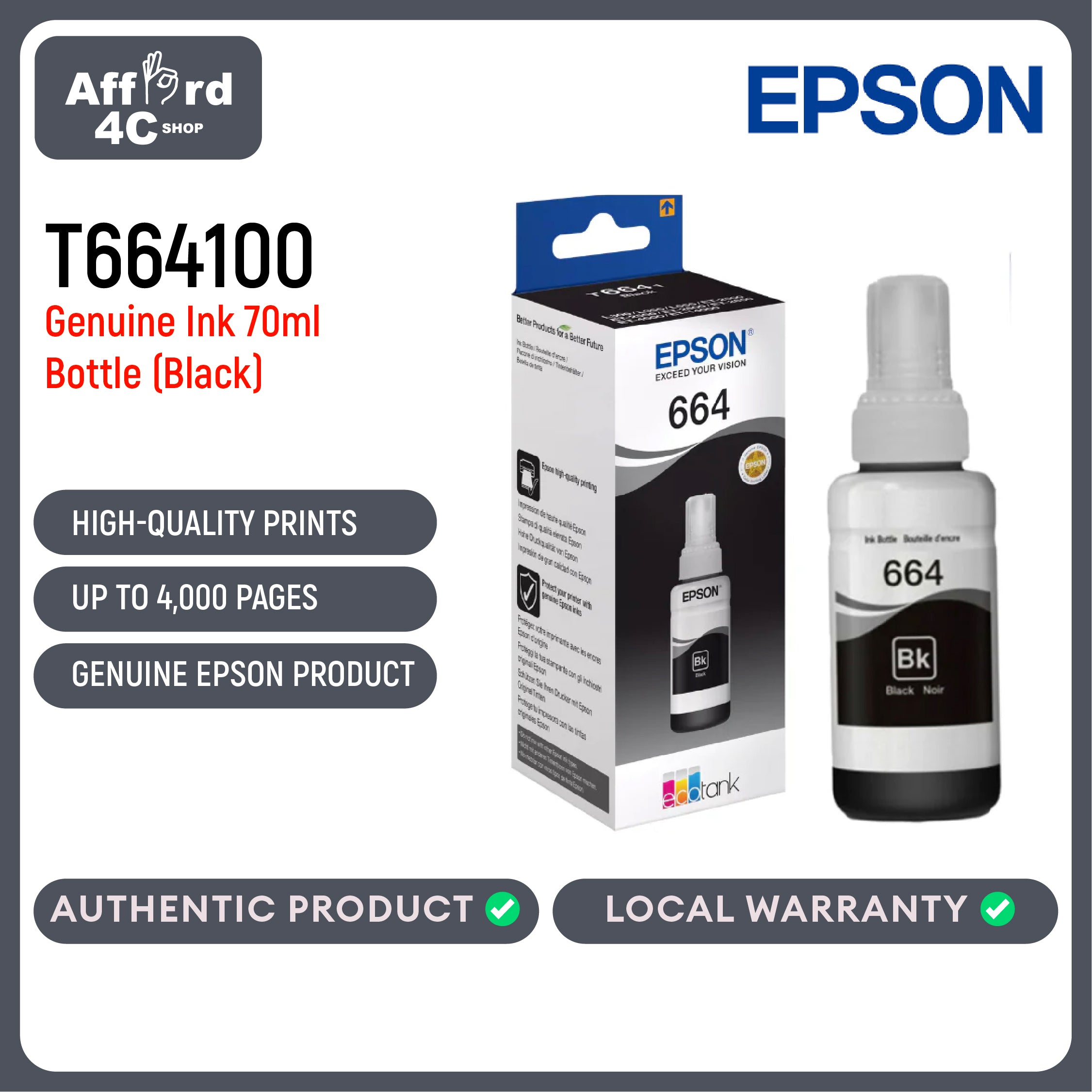 EPSON 664 Genuine Ink Bottle 70ml