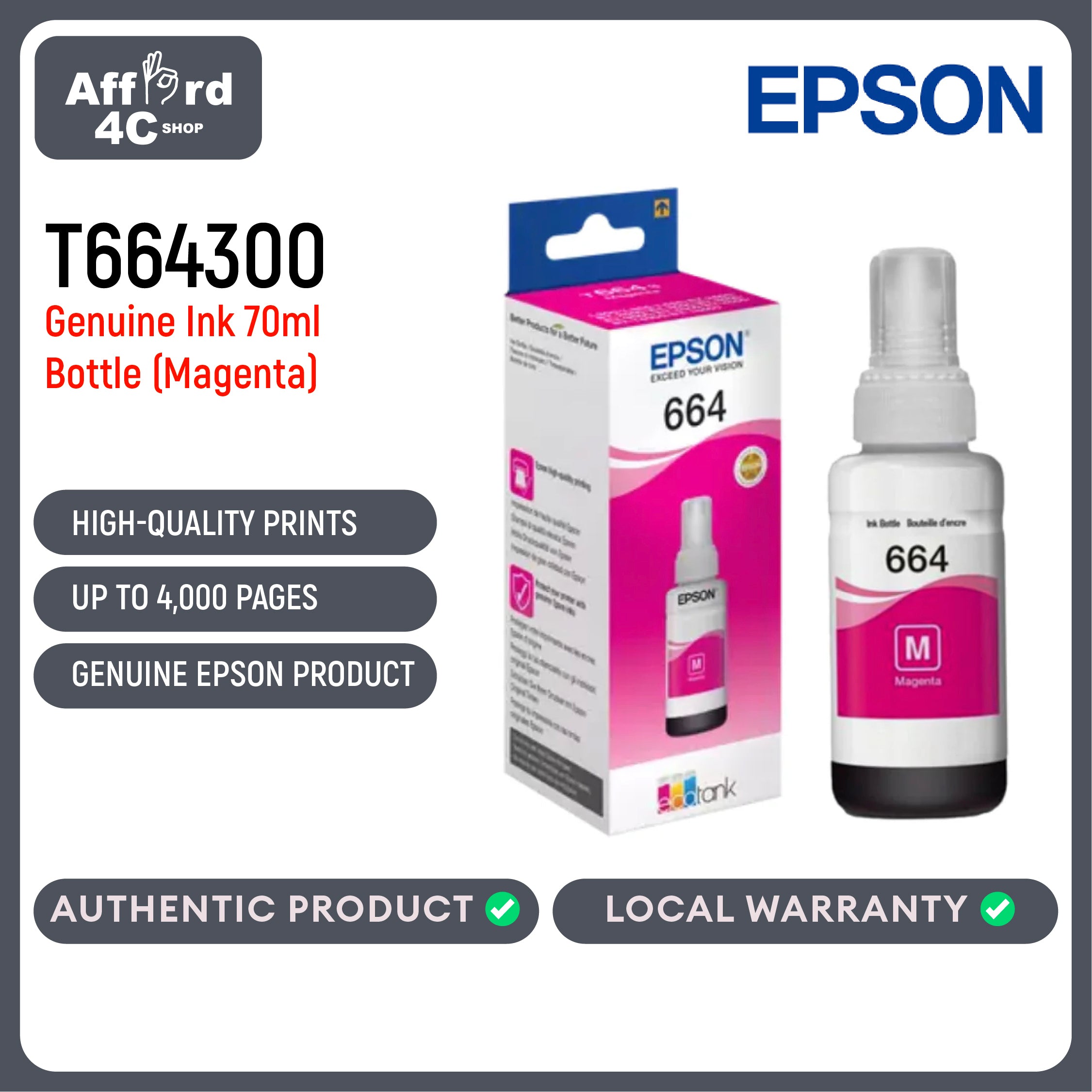 EPSON 664 Genuine Ink Bottle 70ml