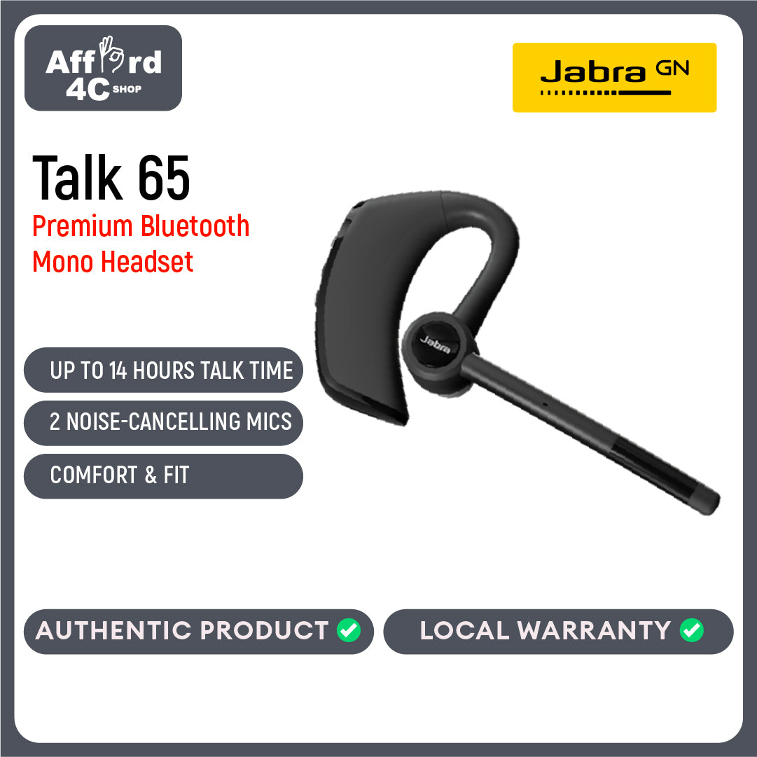 Jabra Talk 65 Mono Bluetooth Headset -2 Built-in Noise Cancelling Microphones Suppress 80% of Background Noise for Clearer Conversations