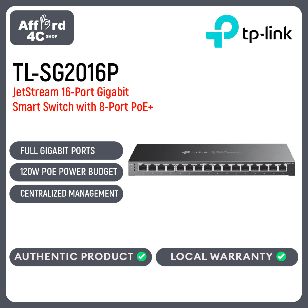 TP-Link TL-SG2016P JetStream 16-Port Gigabit Smart Switch with 8-Port PoE+