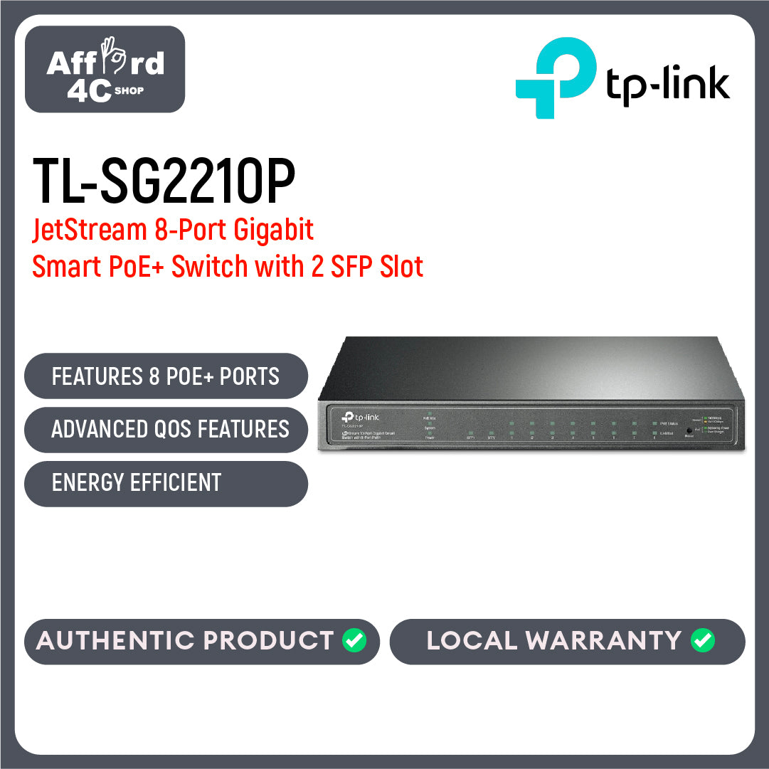 TP-Link TL-SG2210P JetStream 8-Port Gigabit Smart PoE+ Switch with 2 SFP Slots