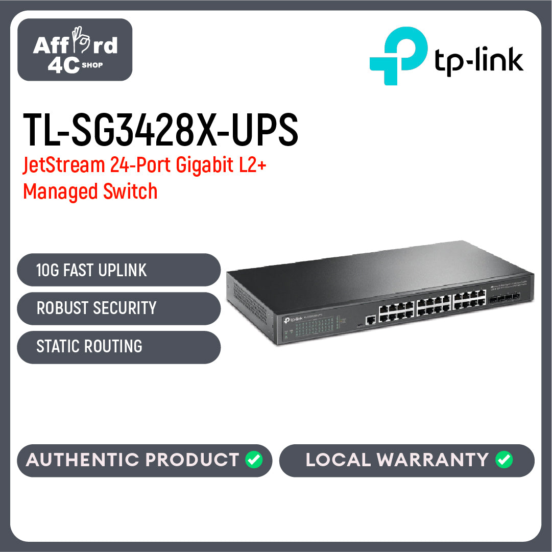 TP-Link TL-SG3428X-UPS JetStream 24-Port Gigabit L2+ Managed Switch with 4 10GE SFP+ Slots and UPS Power Supply