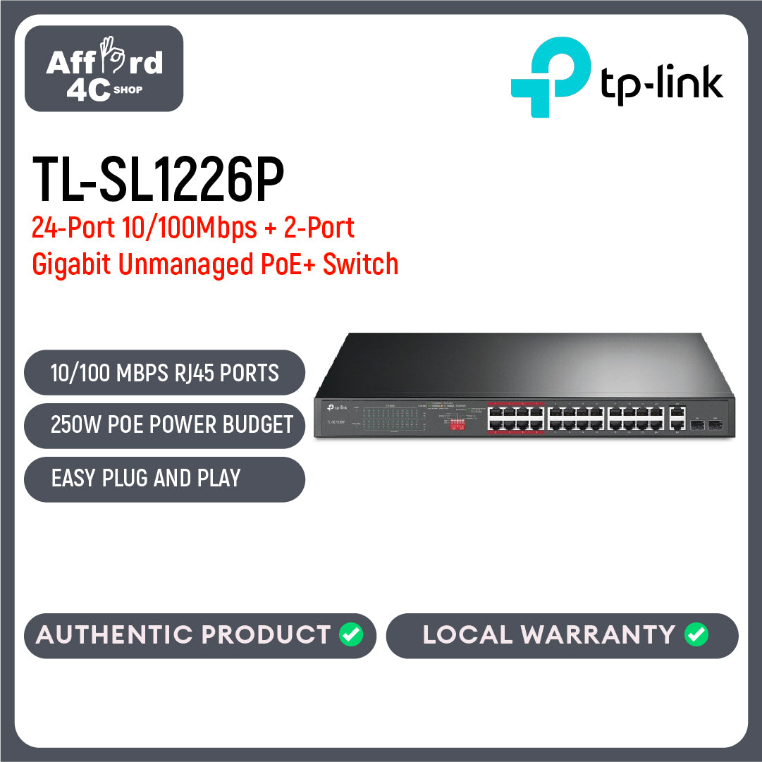 TP-Link TL-SL1226P 24-Port 10/100Mbps + 2-Port Gigabit Unmanaged PoE+ Switch