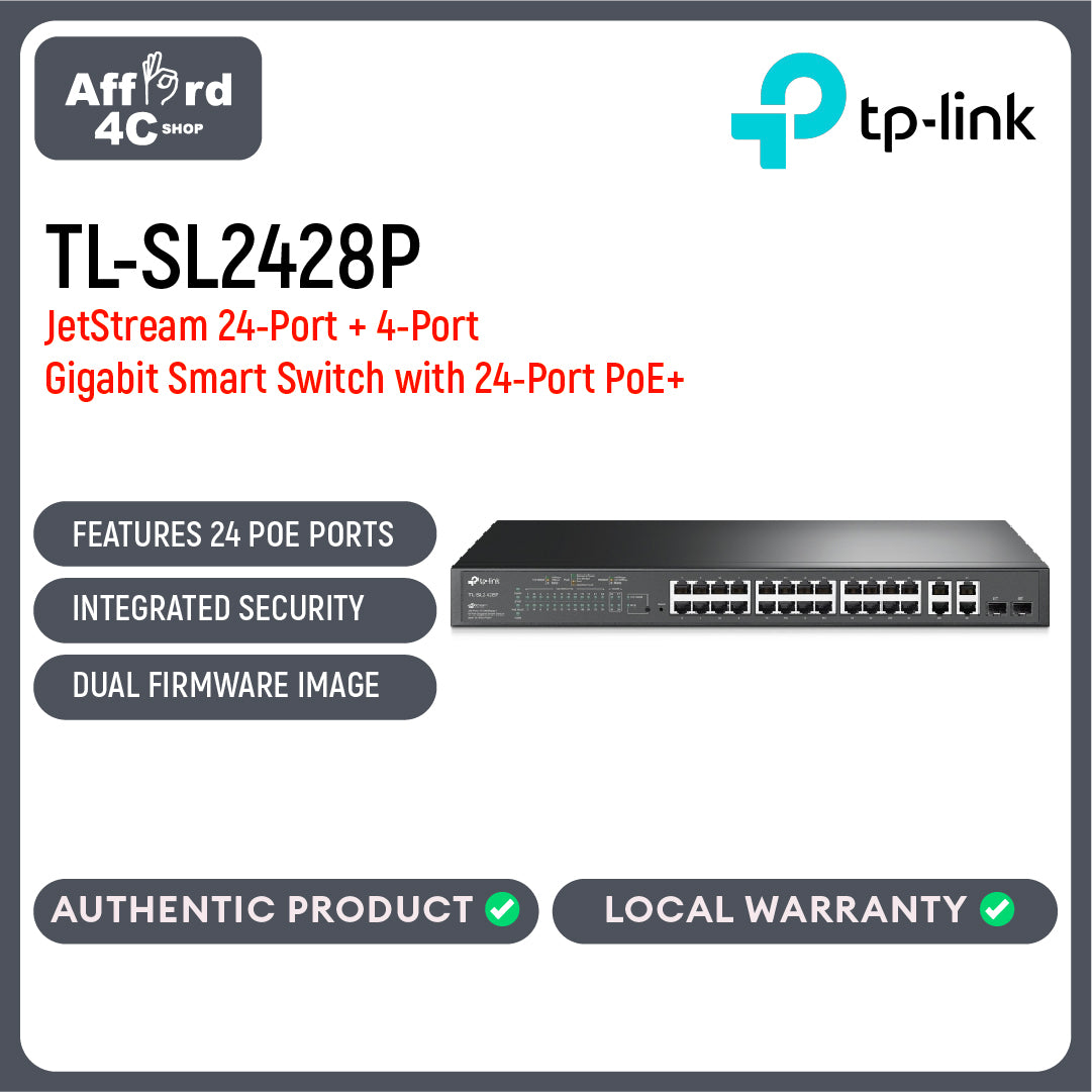 TP-Link TL-SL2428P JetStream 24-Port 10/100Mbps + 4-Port Gigabit Smart Switch with 24-Port PoE+