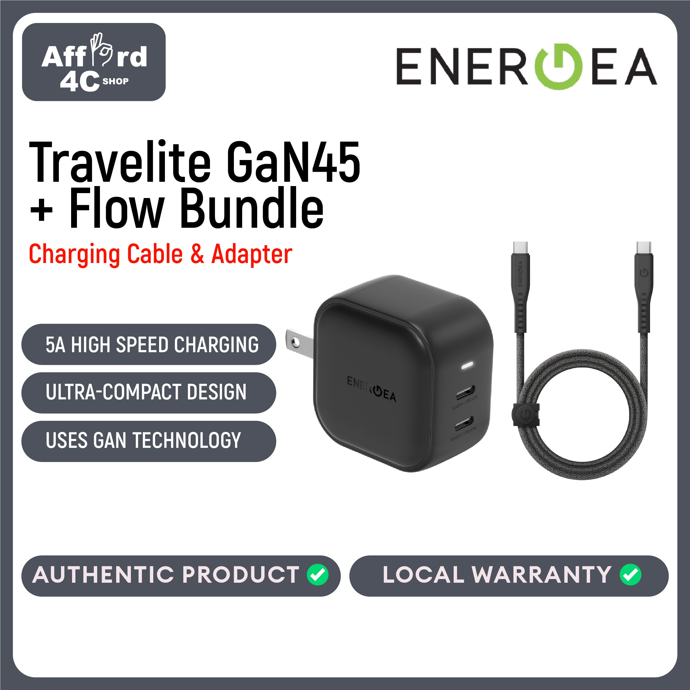 Energea Travelite GaN45 + Flow USB-C to USB-C Cable 1.5M