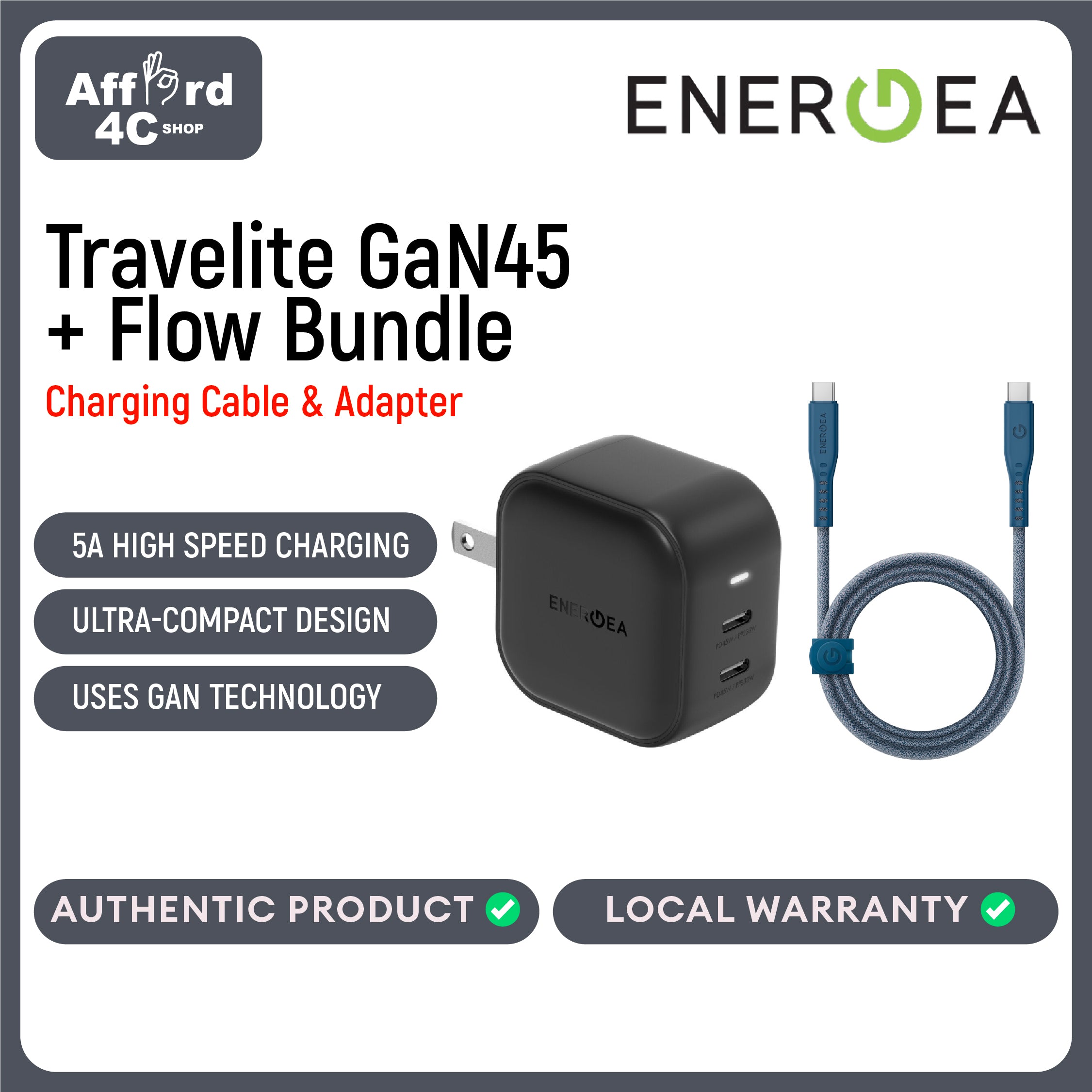 Energea Travelite GaN45 + Flow USB-C to USB-C Cable 1.5M