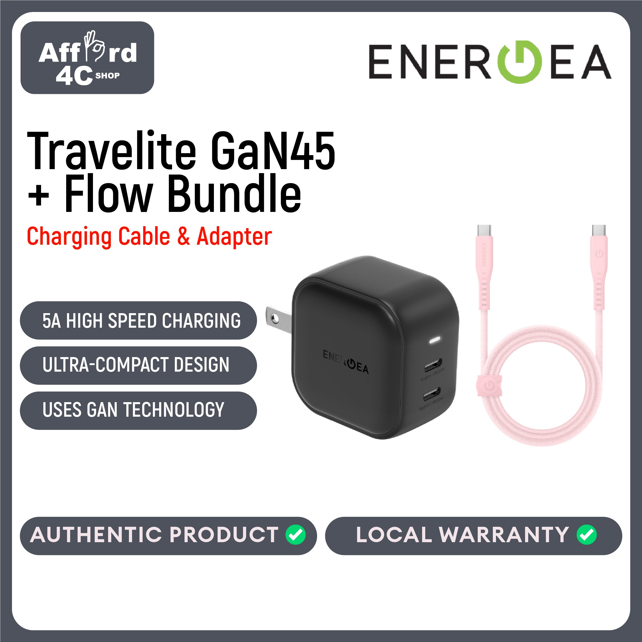 Energea Travelite GaN45 + Flow USB-C to USB-C Cable 1.5M