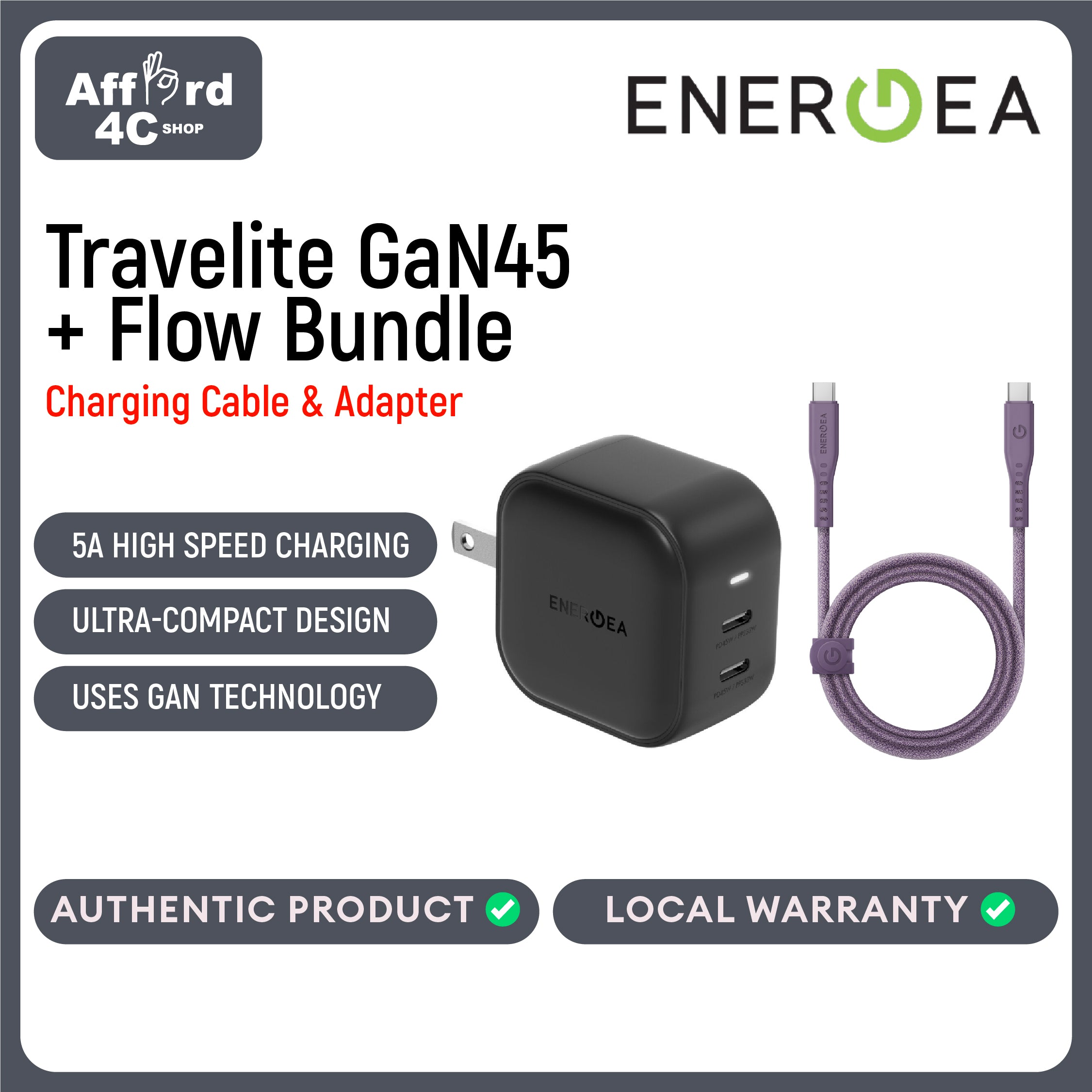 Energea Travelite GaN45 + Flow USB-C to USB-C Cable 1.5M