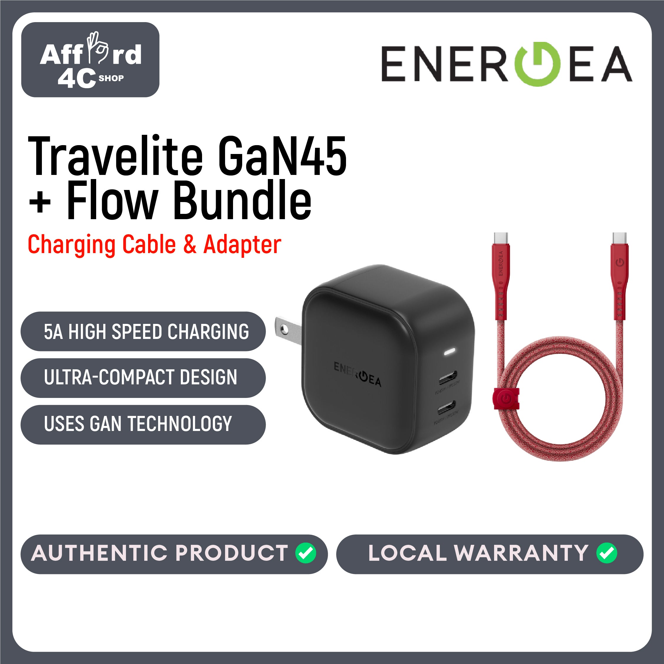 Energea Travelite GaN45 + Flow USB-C to USB-C Cable 1.5M