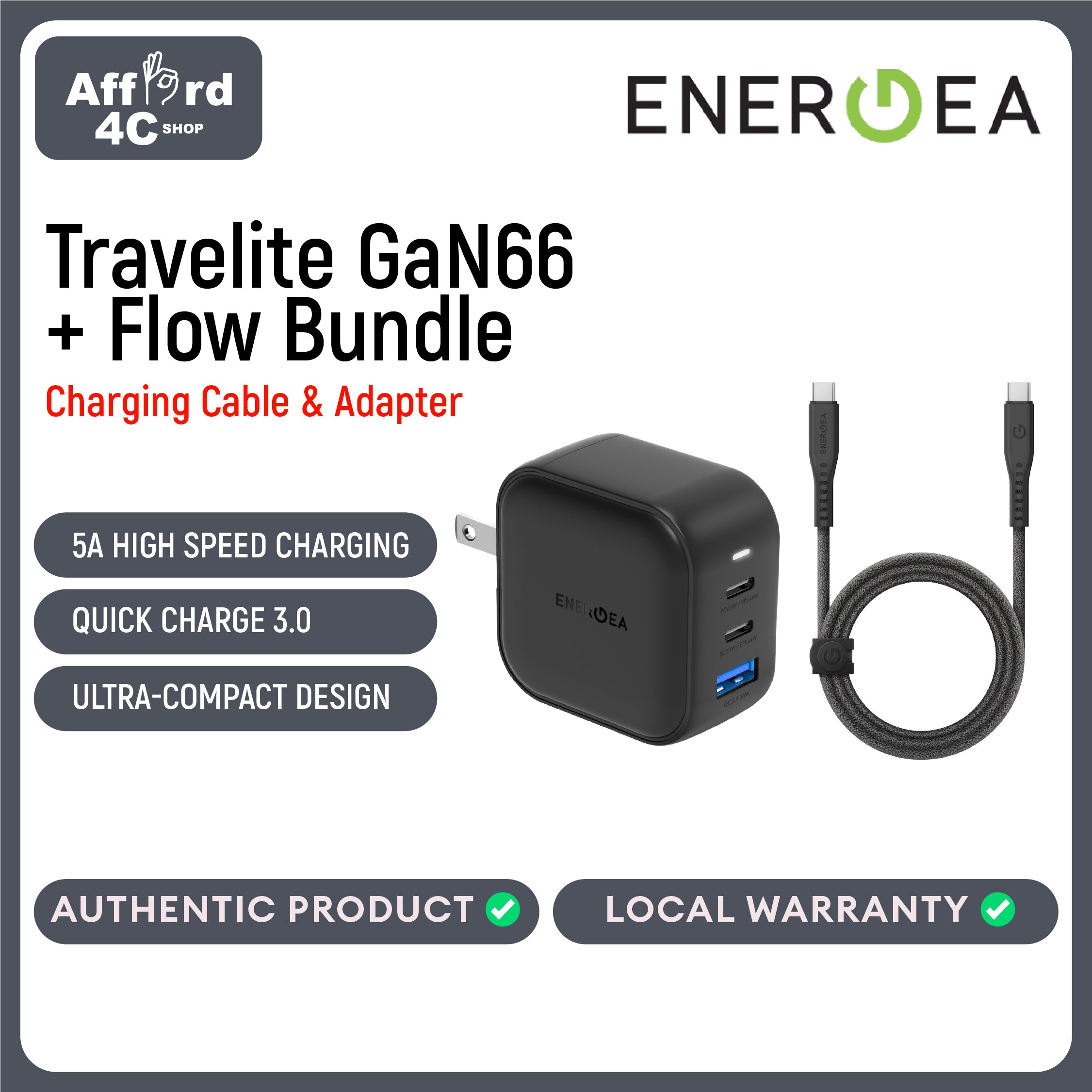 Energea Travelite GaN66 + Flow USB-C to USB-C Cable 1.5M