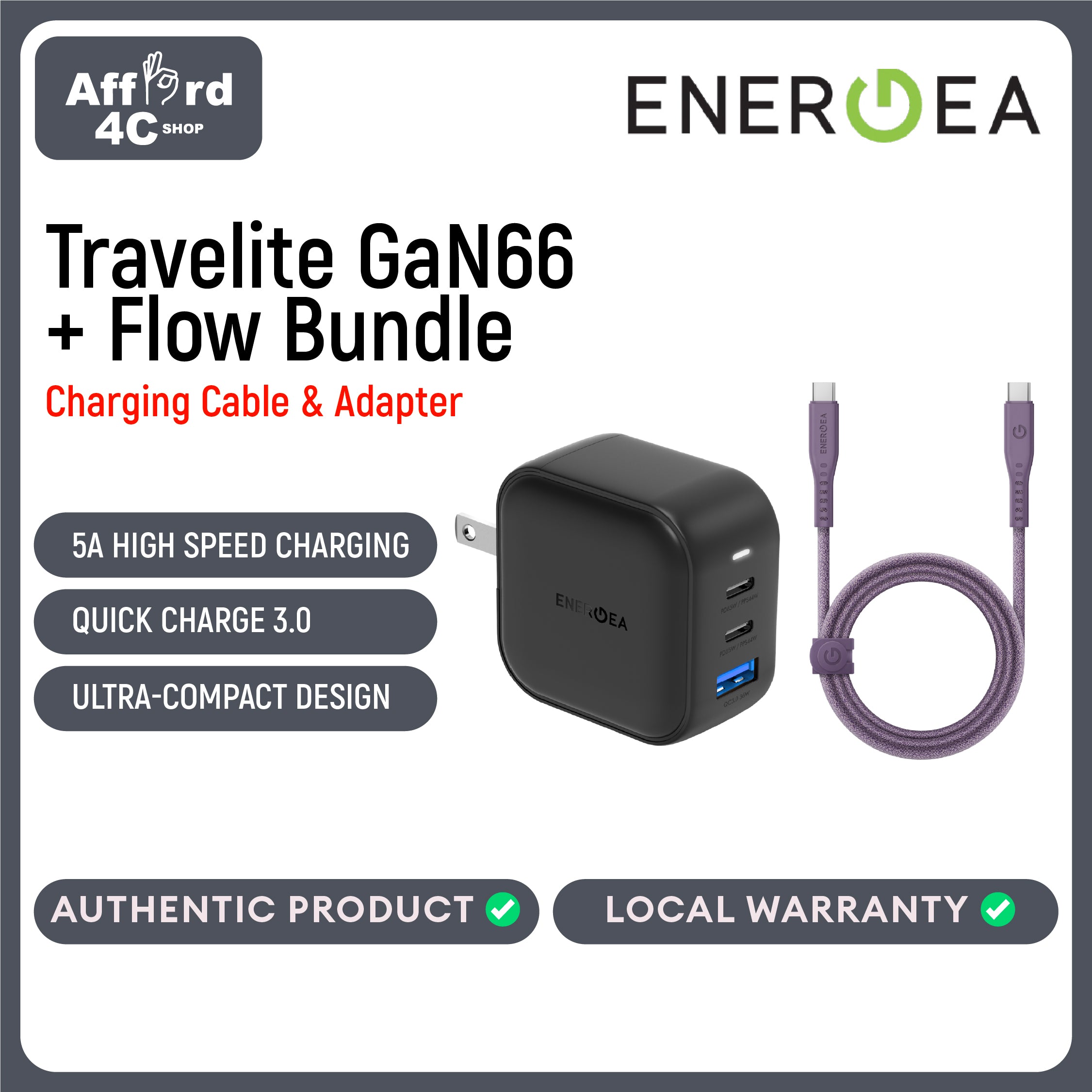 Energea Travelite GaN66 + Flow USB-C to USB-C Cable 1.5M