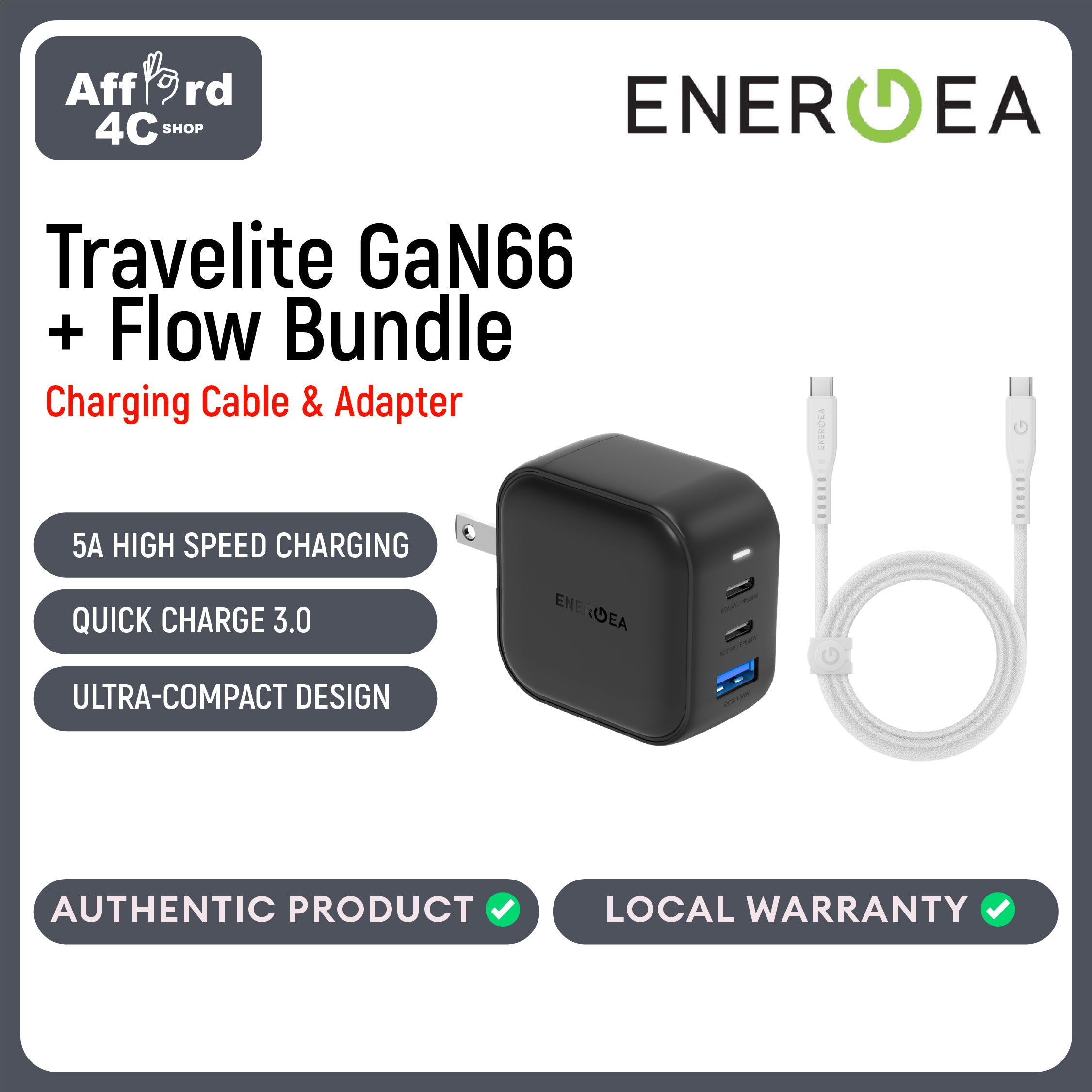 Energea Travelite GaN66 + Flow USB-C to USB-C Cable 1.5M